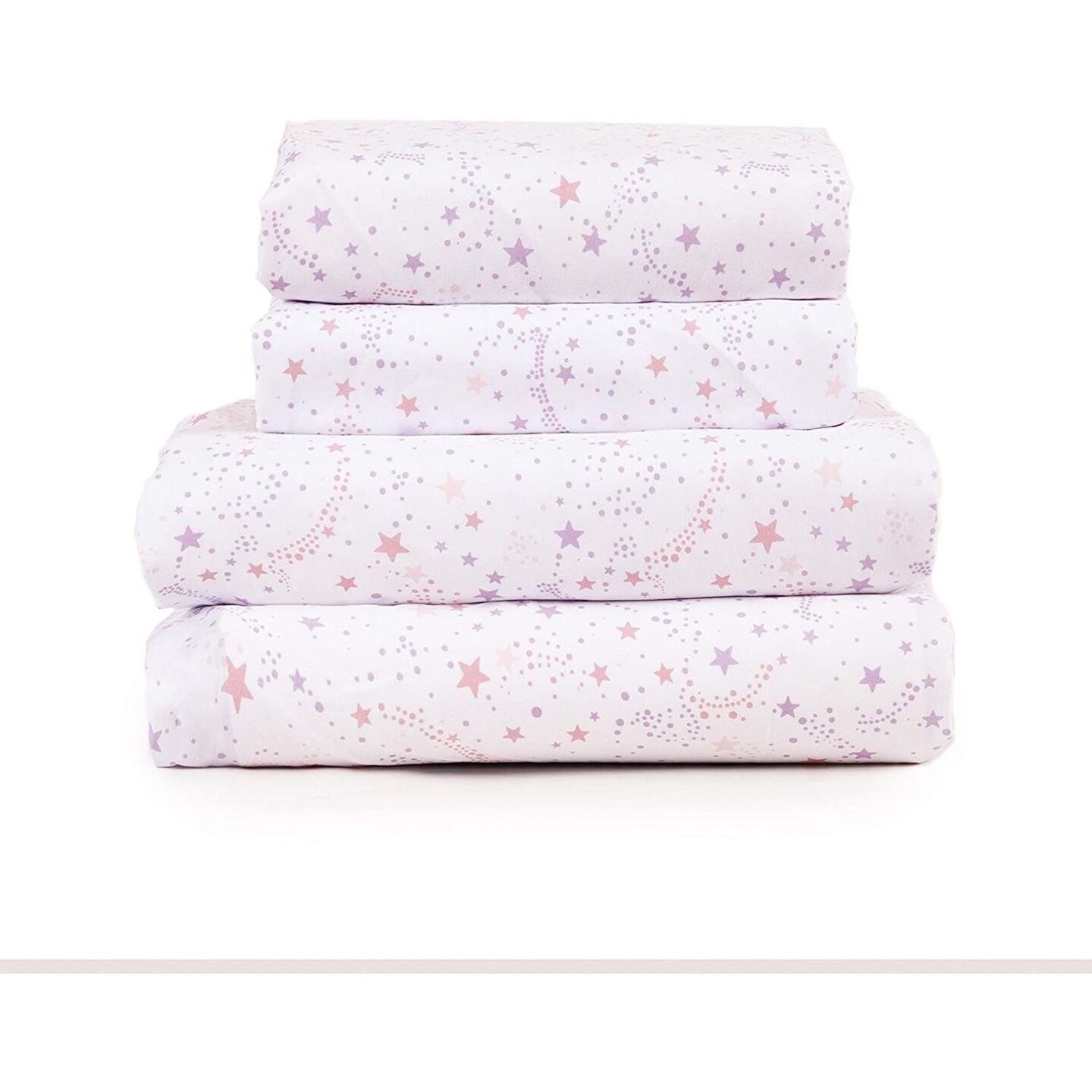 Kids Rule 4-Piece Pink and Purple Stardust Sky Sheet Set for Girls & Kids - 1 Full Flat Sheet, 1 Full Fitted Sheet & 2 Queen Pillowcases, Soft Brushed Microfiber Polyester Bed Sheet, Smooth & Durable