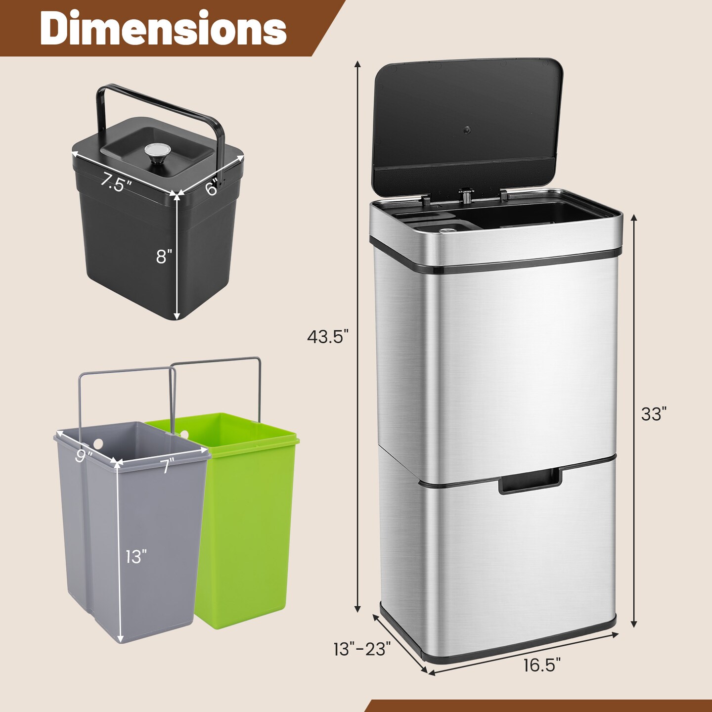 Silver Stainless Steel Motion Sensor Trash Can with 4 Compartments