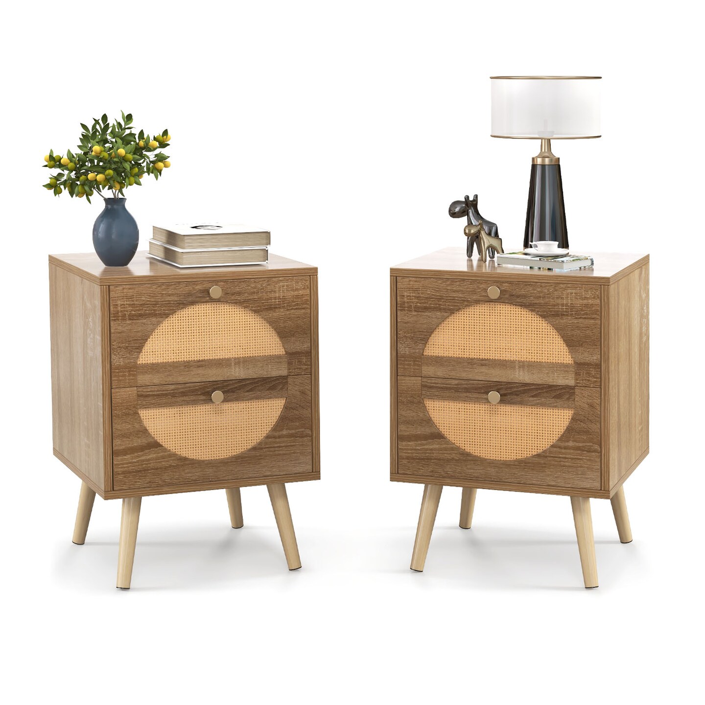 Bohemian Style Bedside Table with 2 Drawers and Solid Pine Wood Legs