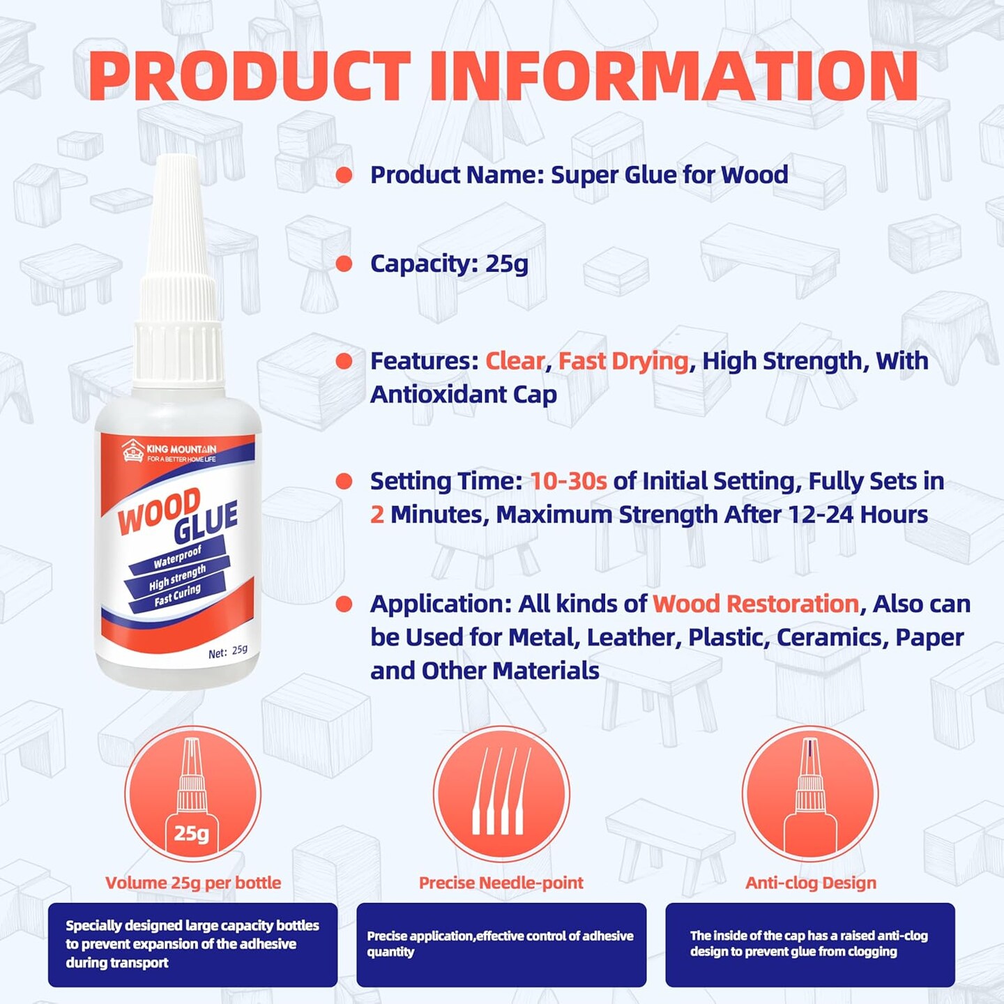 Wood Glue for Woodwork - High Strength Fast Drying Clear Glue, Low Odor - 25g - Suitable for Furniture, Garden, Crafts, DIY, Metal to Wood