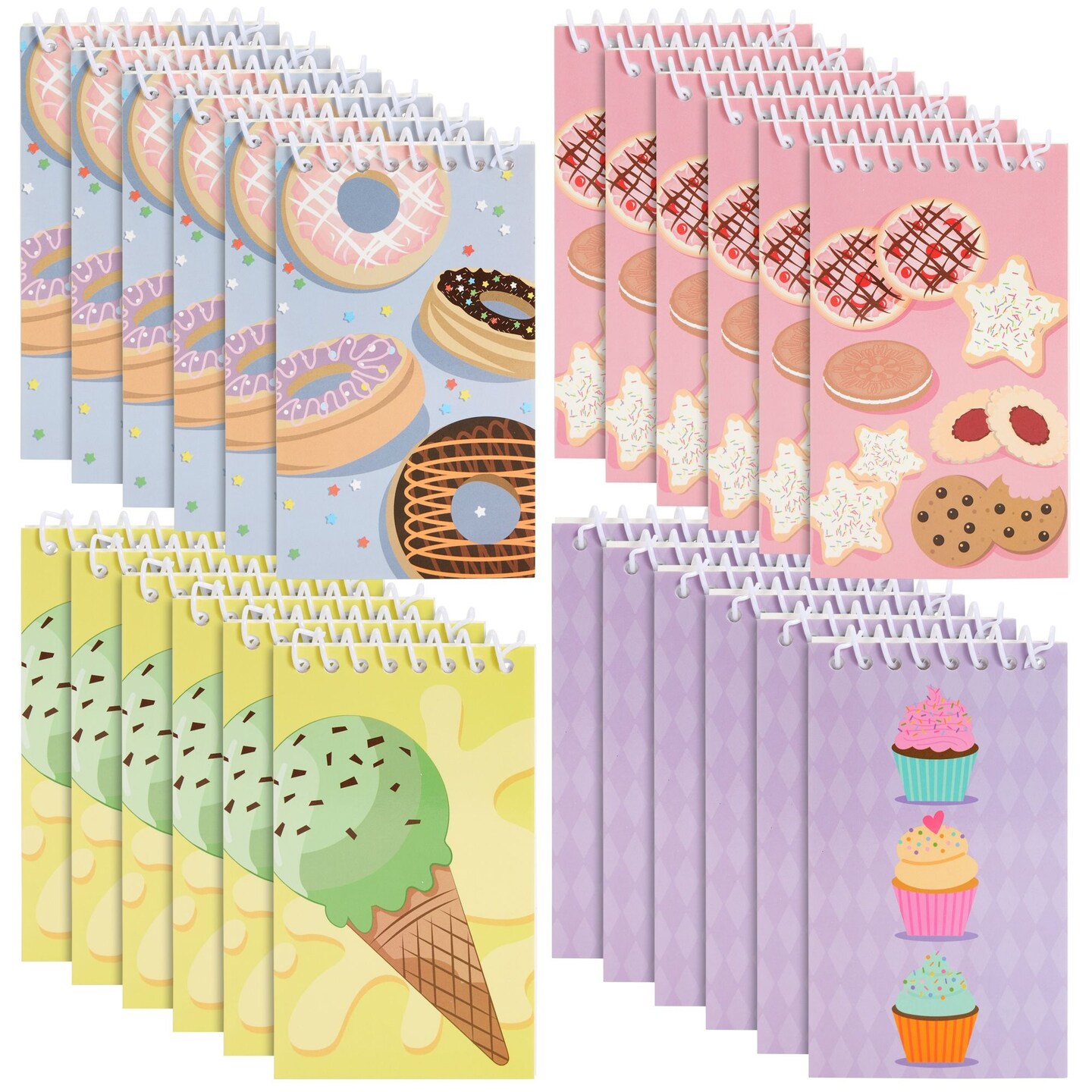 24 Pack Spiral Notepads 3x5 inches - Baking Party Favors for Kids - Mini Notebooks with Donut Cupcake Ice Cream Designs