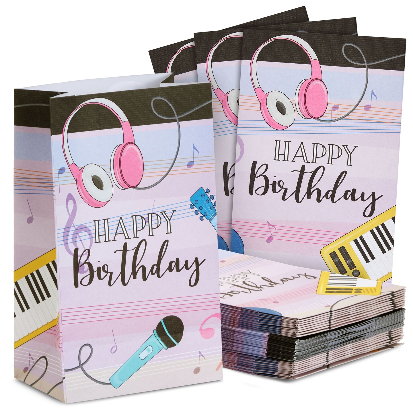 36 Pack Happy Birthday Music Party Favor Bags for Goodies, Gifts, Treats (Pink, 6 x 3 x 9 In)