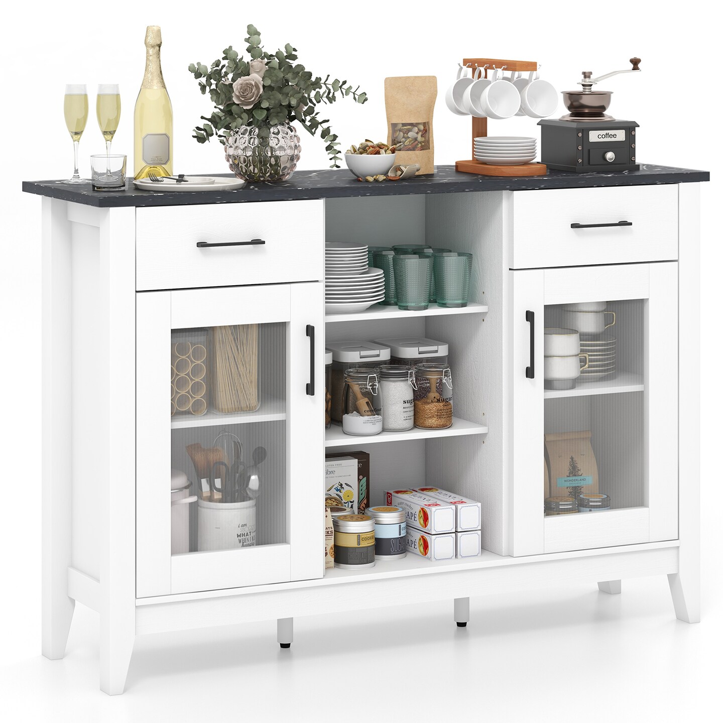 Sideboard Buffet Cabinet with 3 Open Cubes and 4 Adjustable Shelves Ideal for Home Appliances or Decorations
