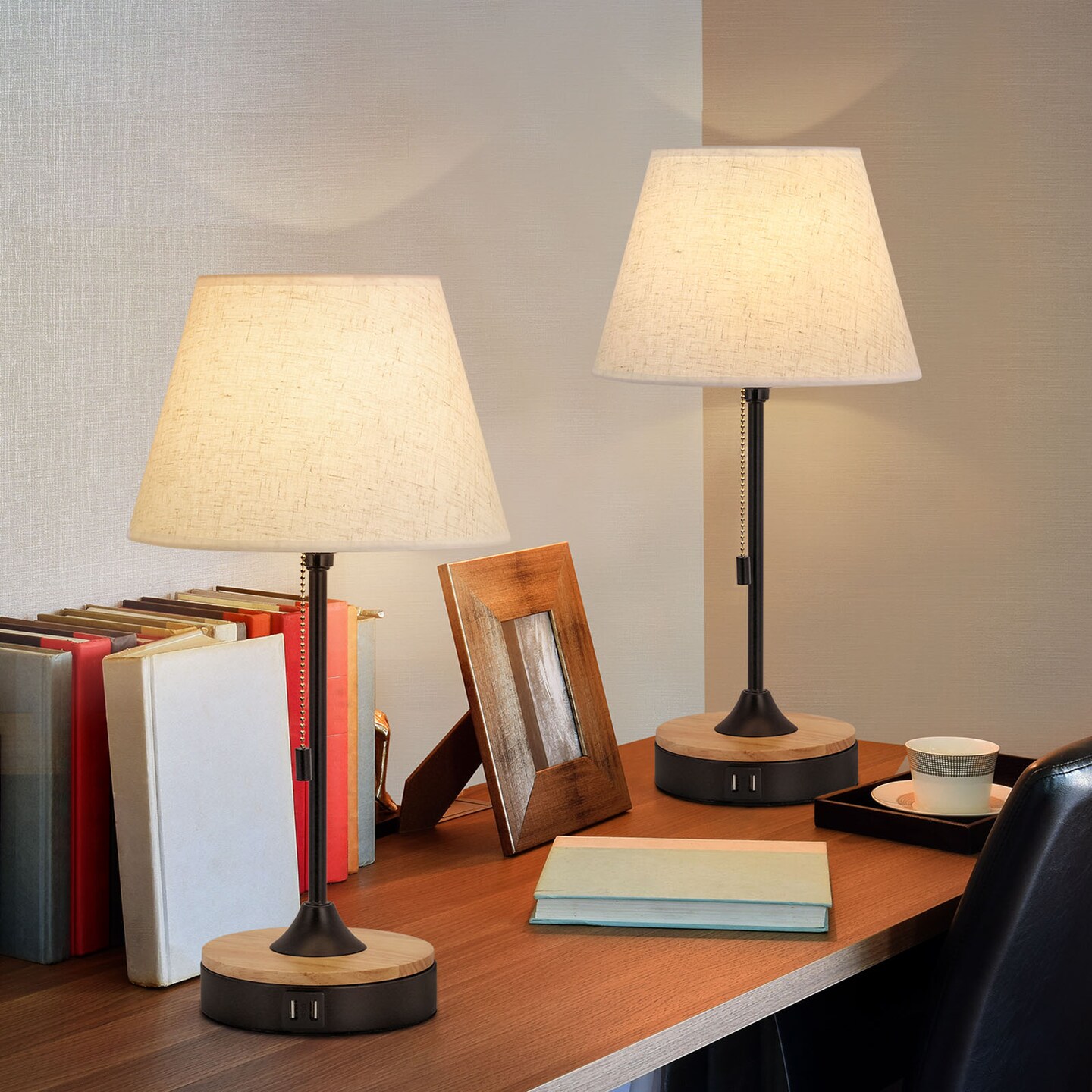 Set of 2 Beige Table Desk Lamps with Dual USB Ports &#x2013; Wood &#x26; Metal Bedside Lamps, Linen Shade, UL-Certified, Eye-Caring Lighting for Bedroom, Office, or Living Room