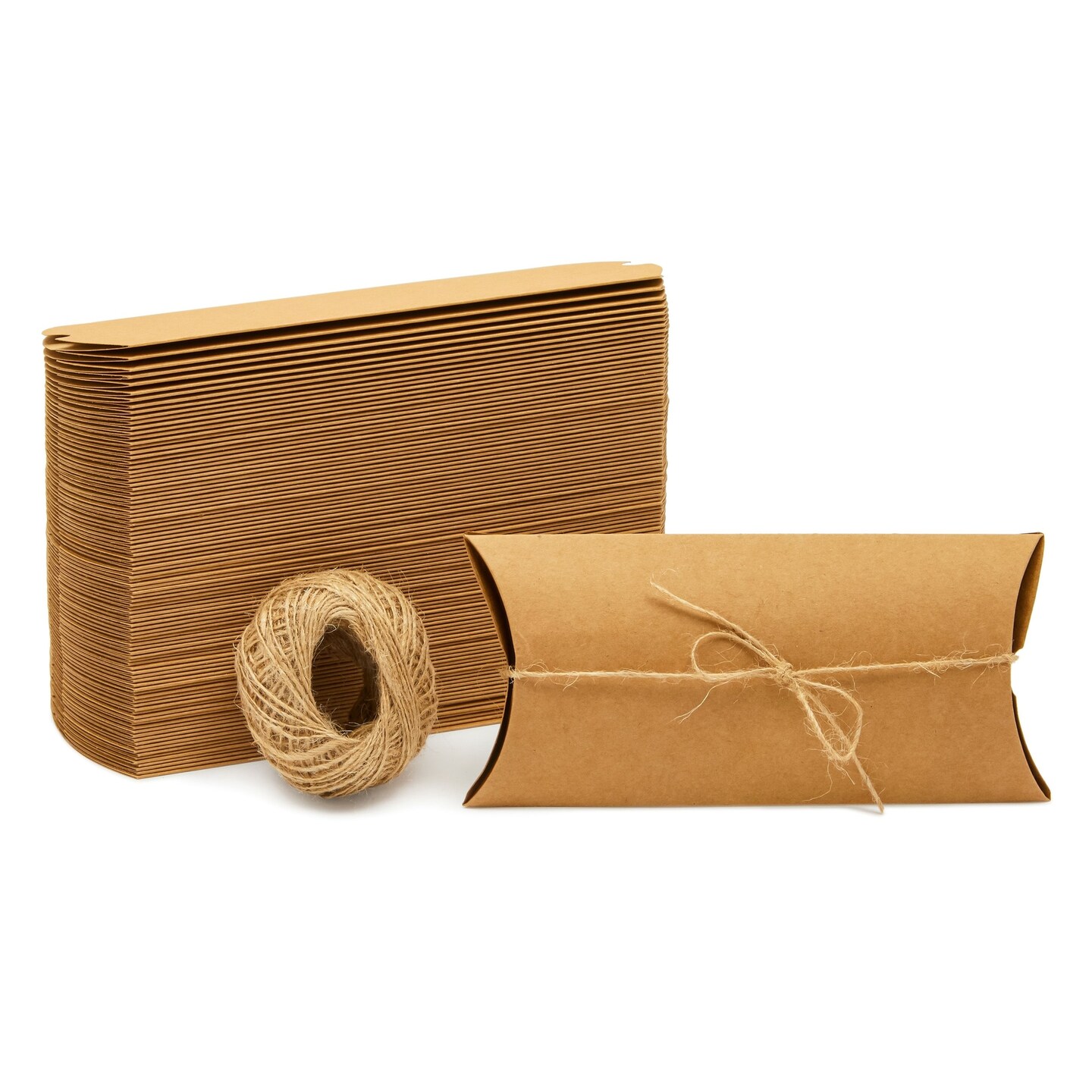 BLUE PANDA Cardboard Pillow Boxes - Bulk Gift Card Holders & Packaging - Party Favor Pillow Boxes & Treats - Versatile Gift Pouch for Jewelry & Crafts - 7.5 x 3.7 x 1.2 in, Brown, Pack of 100