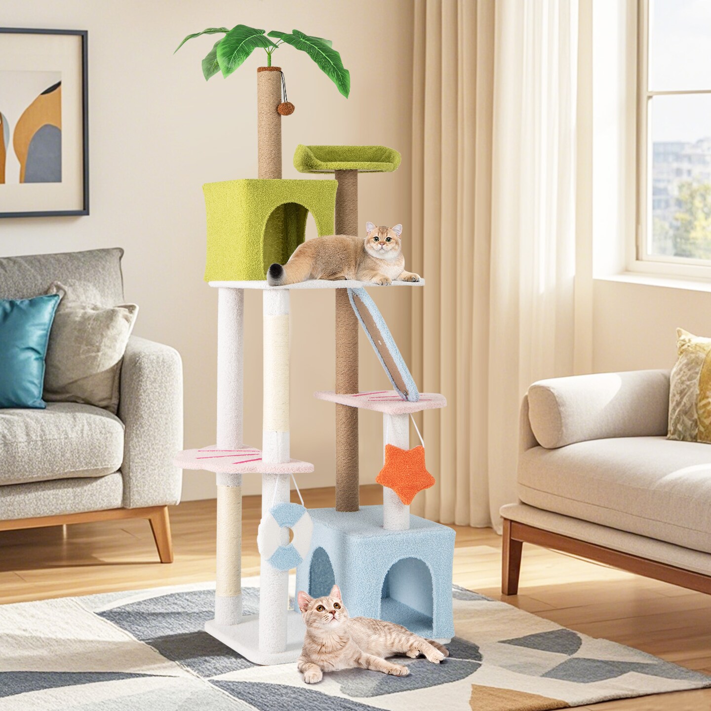 Plush Cat Tree with Condos, Scratching Posts and Beach Theme
