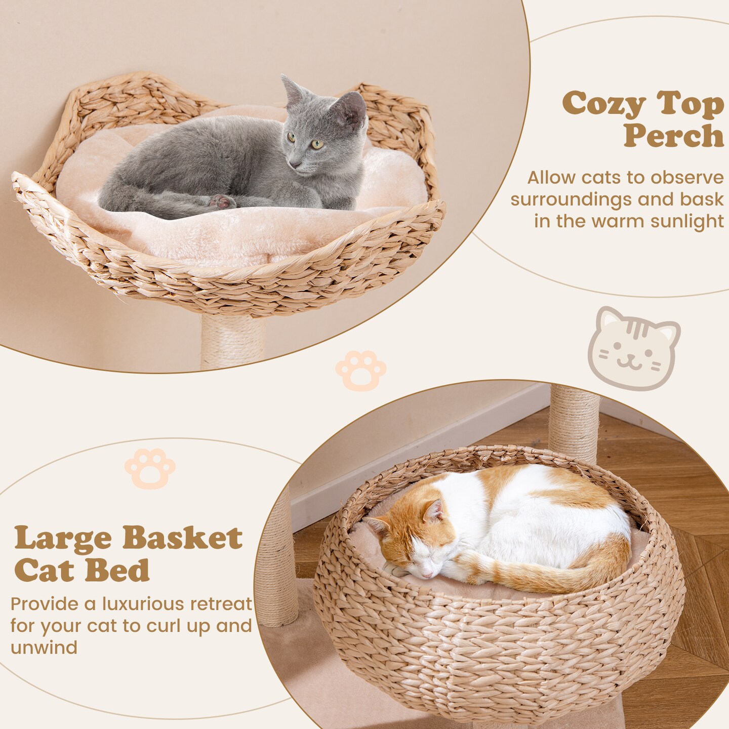 Beige Cattail Cat Tower with 7 Full-Wrapped Scratching Posts and Soft Padded Cushions