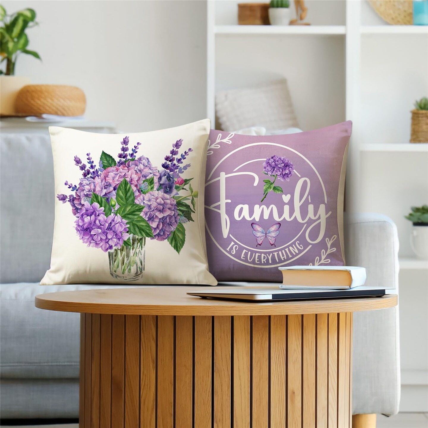Spring Pillow Covers 18x18 Purple Spring Summer Farmhouse Decorations Hydrangea Vases Butterfly Throw Pillow Covers Home Sweet Home Cushion Case for Sofa Couch Set of 4
