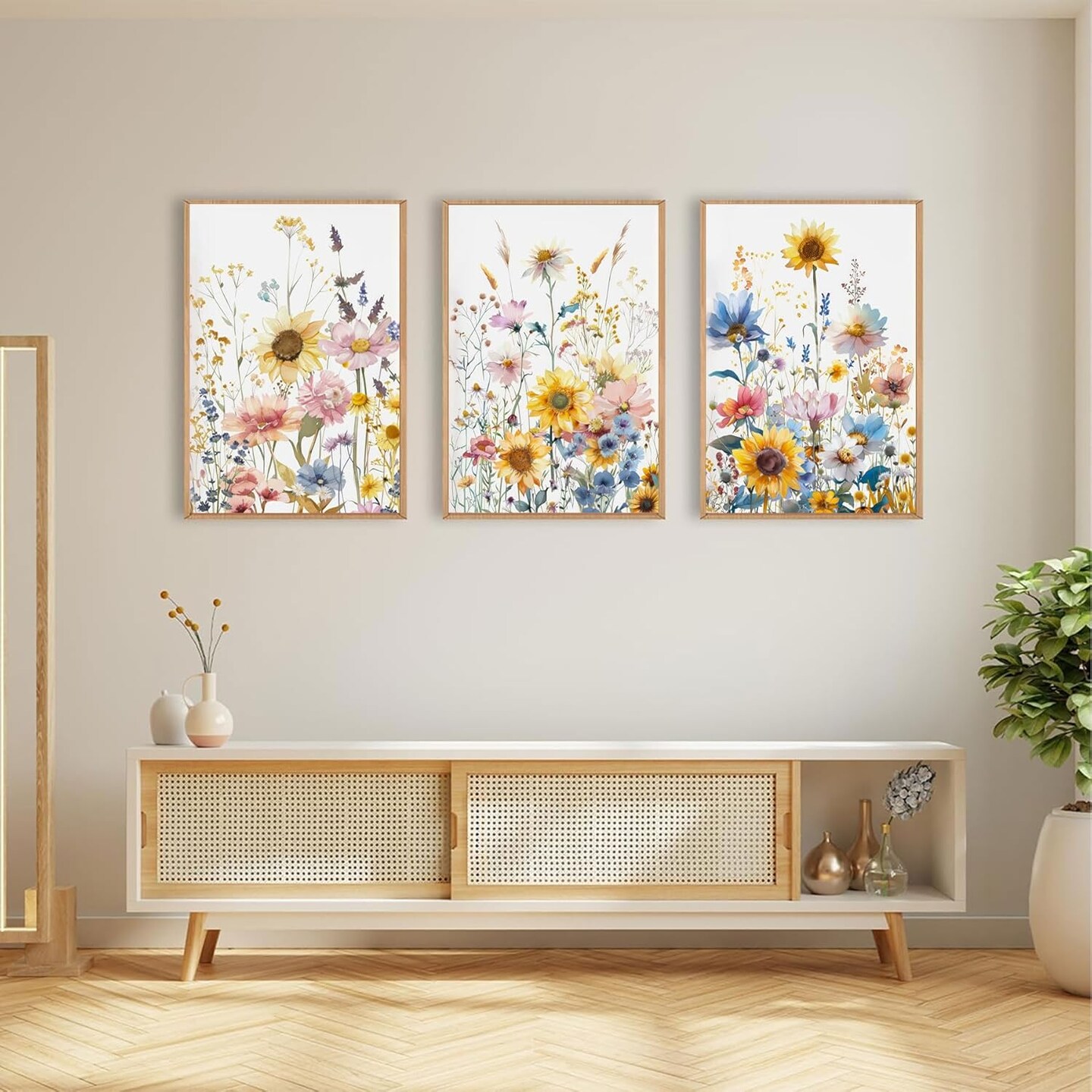 3pcs Summer Colorfully Sunflowers Canvas Wall Art Watercolor Wildflowers Poster Prints Botanical Flowers Wall Decor Pictures for Living Room Bedroom Girl Room Paintings Artwork Decoration Unframed