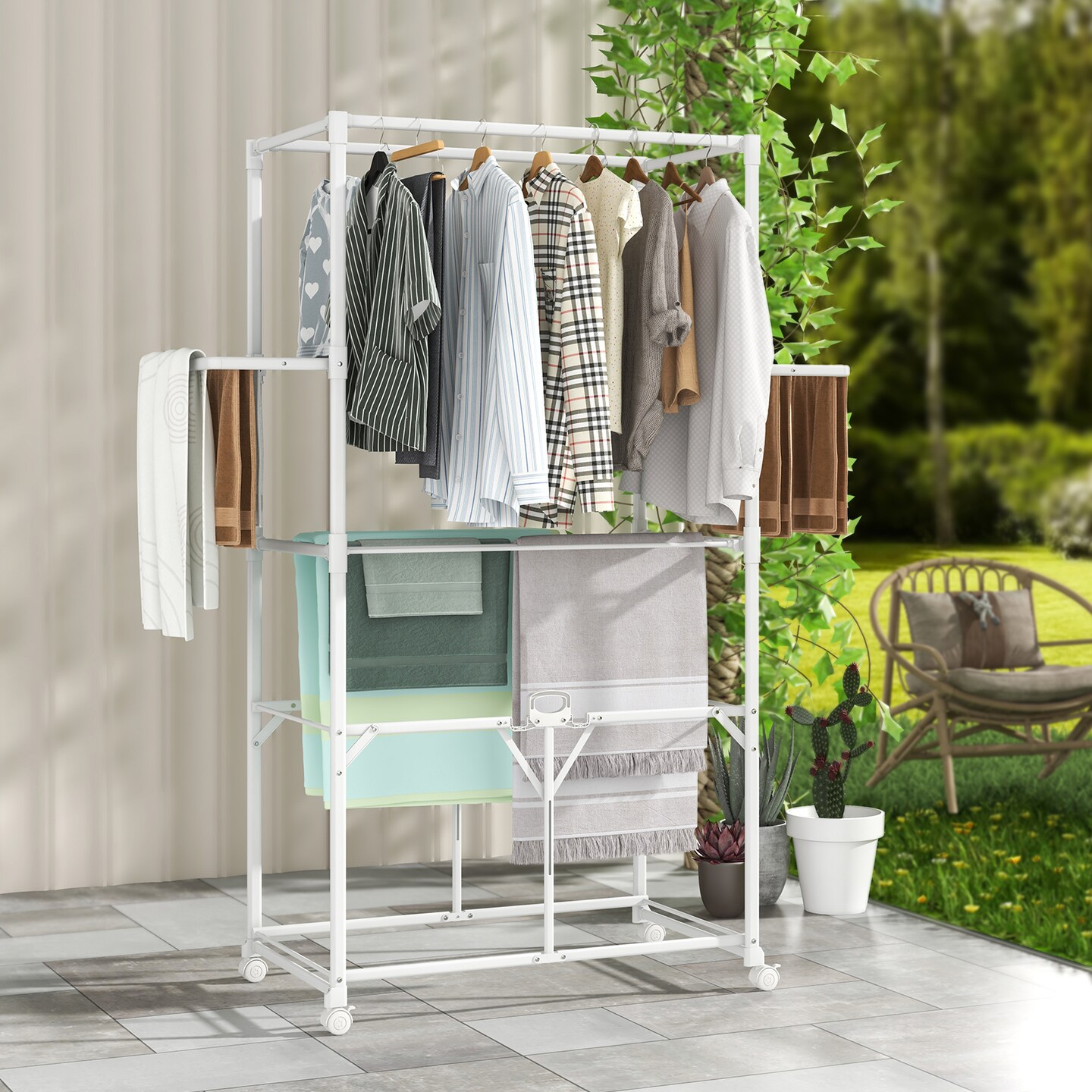 White Foldable Aluminum Drying Shelves Rack with Hanging Rods and Lockable Wheels