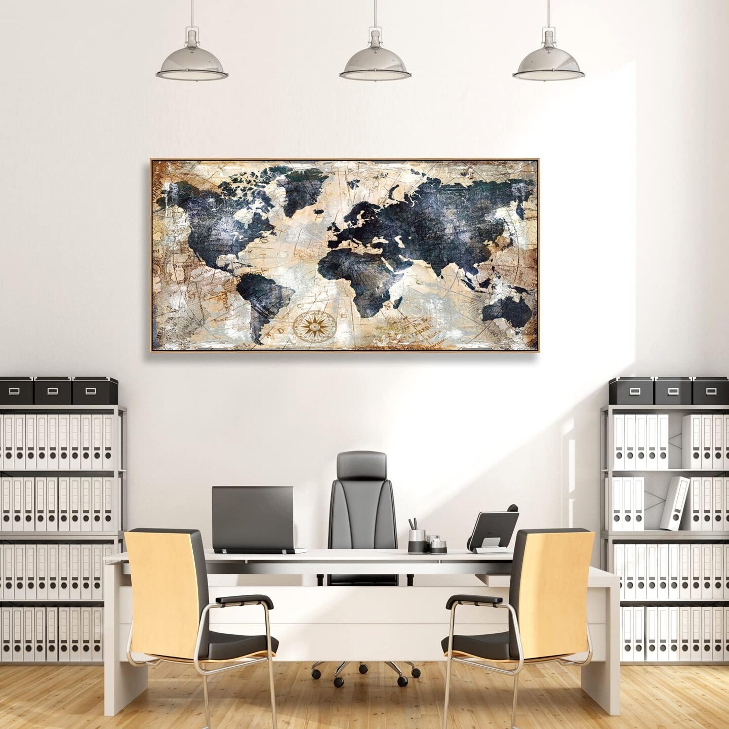 Framed Wall Art World Map Wall Art Print Picture Wall Art Decor Home Interior - Map Picture for Office Wall Decor Travel Memory Nautical Map Decor Canvas Artwork 24x48 inch Ready to Hang &#xFF08;Framed&#xFF09;