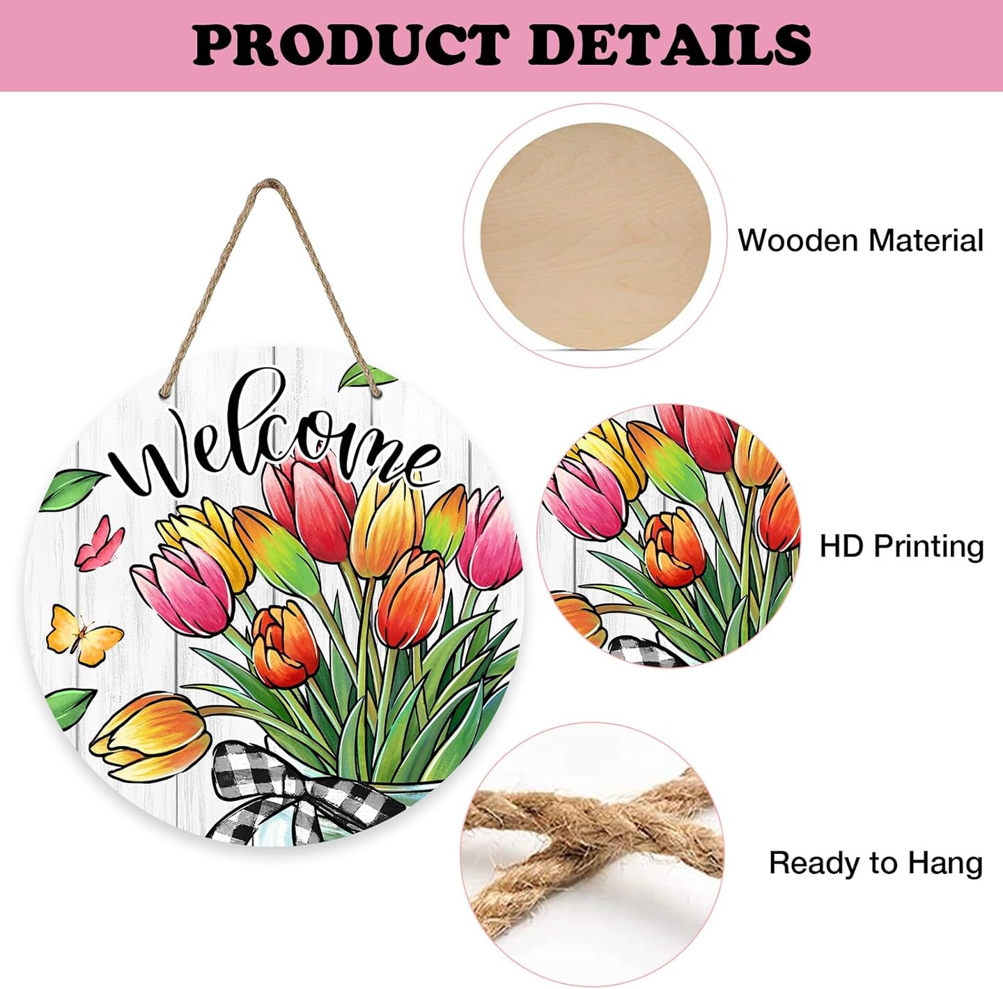 Summer Tulip Flowers Front Door Sign, Floral Butterfly Mason Jar Wood Door Hanger Outdoor Outside Porch Decor, Seasonal Farmhouse Wooden Wreath Indoor Wall Hanging Decoration