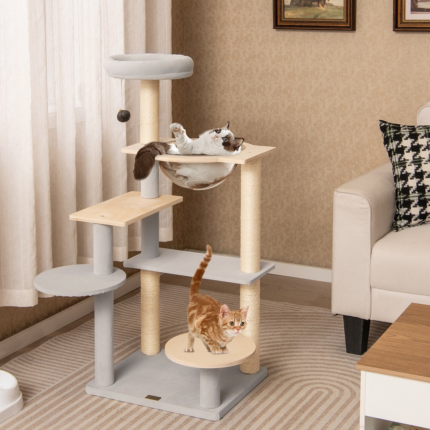Natural Solid Plywood Cat Tree with Space Capsule and Sisal Scratching Posts