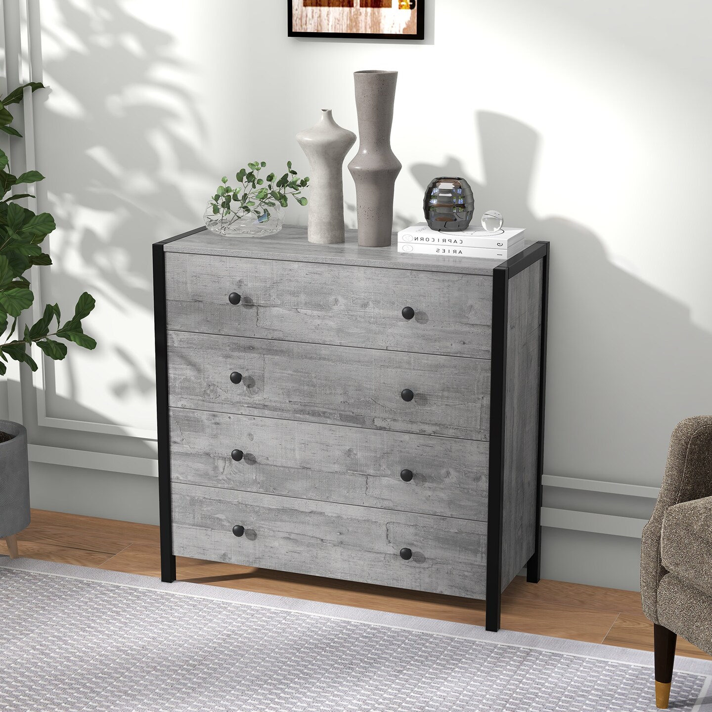 4-Drawer Dresser with Metal Knobs and Anti-Tip Safety Design