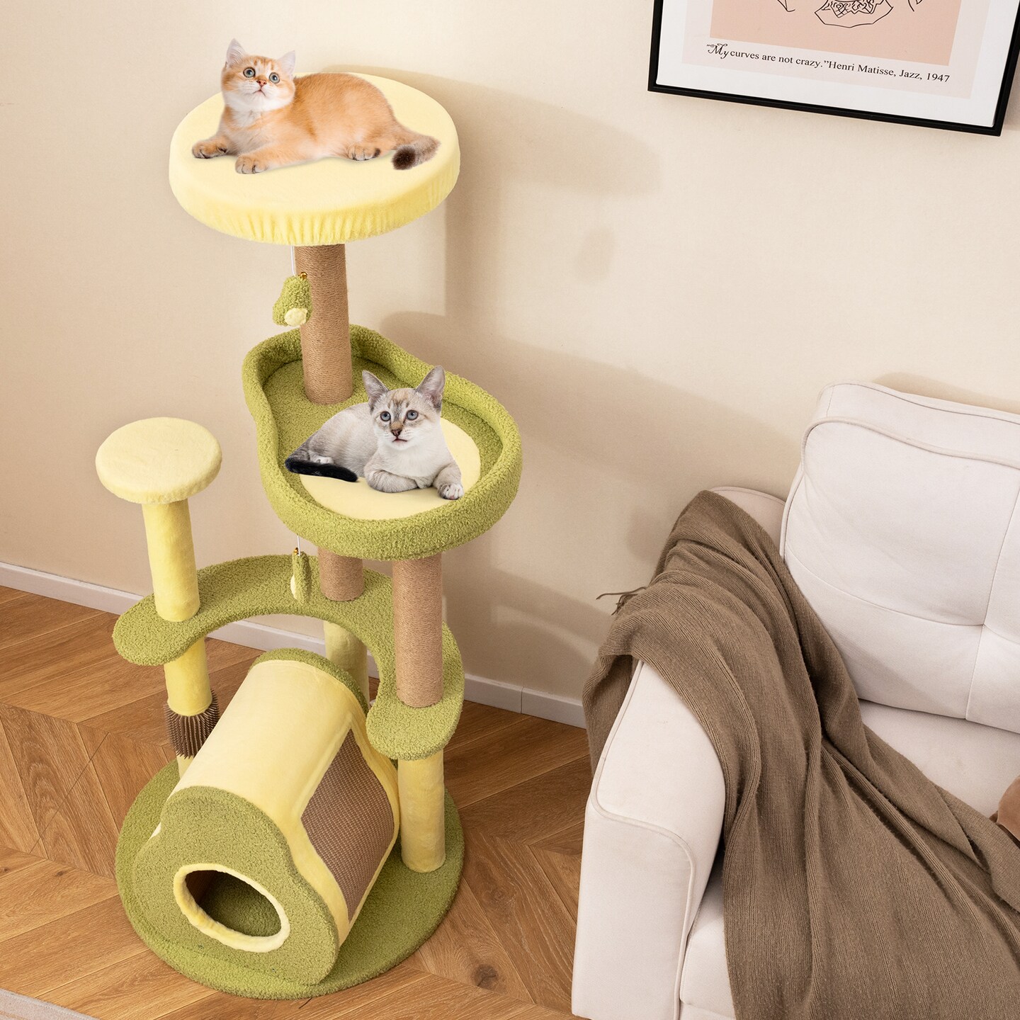 Green Engineered Wood Cat Tree with Avocado Platform, Scratching Posts and Toy