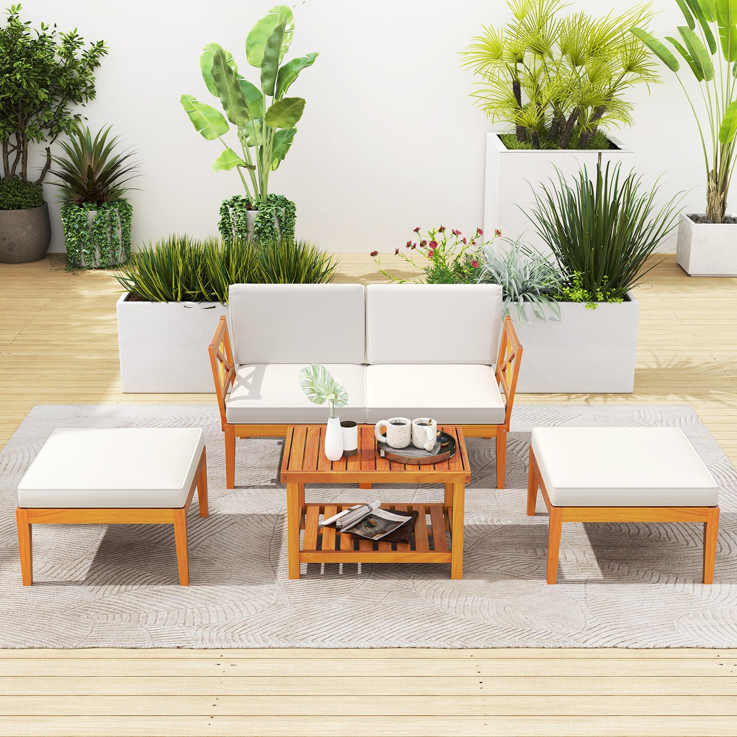5 Pieces Acacia Wood Patio Chaise Lounge Chair Set with 2-Tier Rectangular Coffee Table