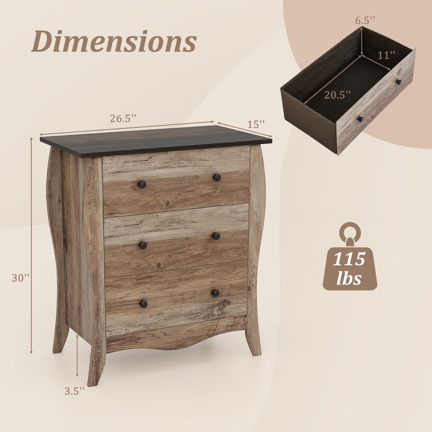 Brown Wooden Dresser with 3 Folding Fabric Drawers Perfect Fit to Any Small Space