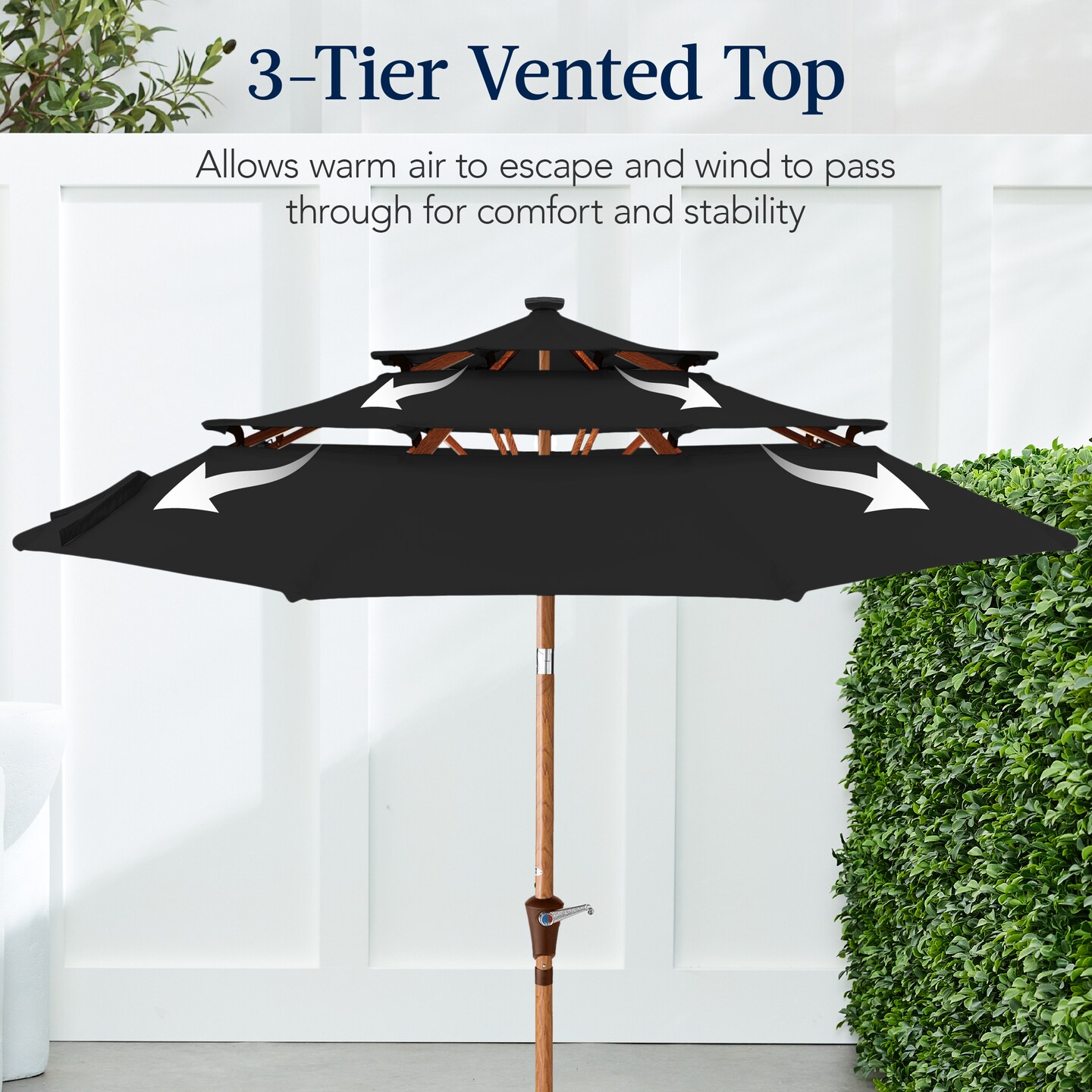 Best Choice Products Woodgrain Pattern 10ft 3-Tier Solar Patio Umbrella w/ 24 LED Lights, Tilt