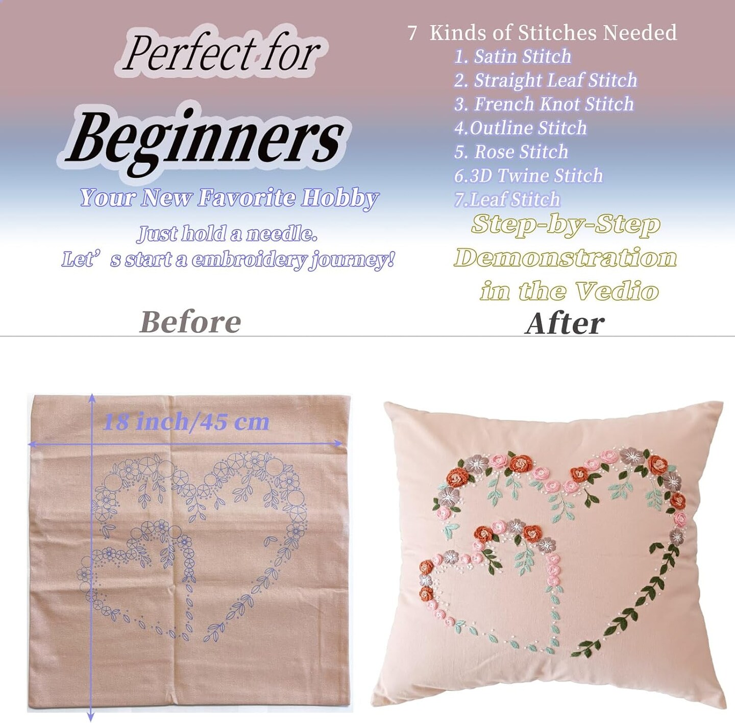 Crewel Pillow Case Embroidery Kit Heart Shaped Loving You Floral Stamped Pattern Kits