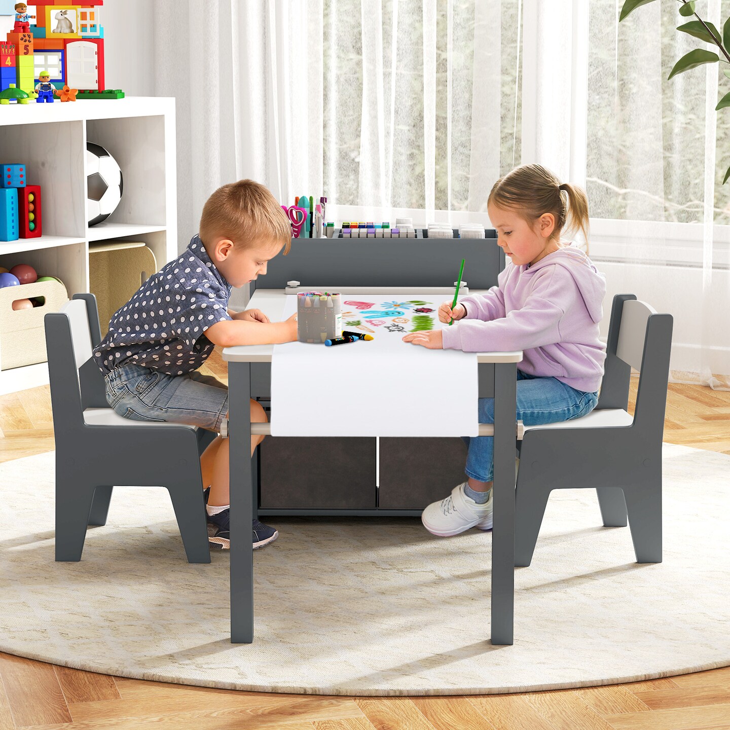 MDF and Metal Kids Art Table Set with Chairs, Storage and Paper Roll