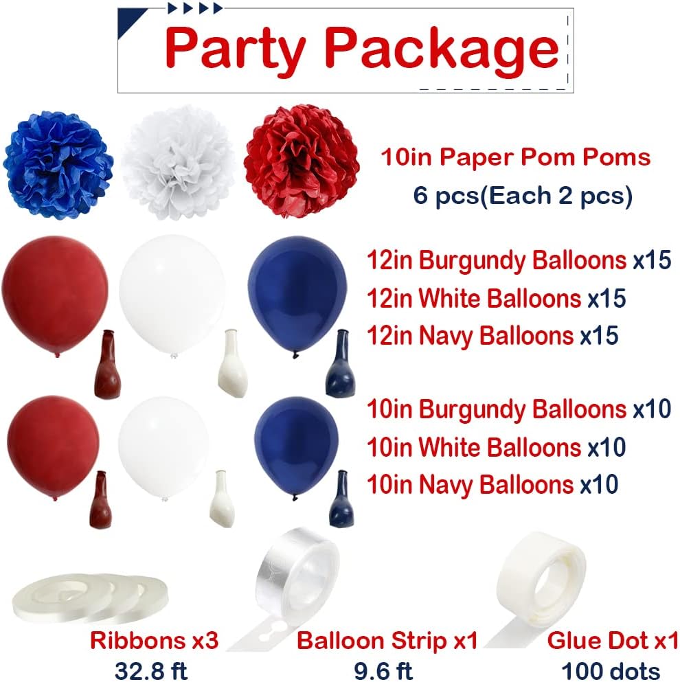 Dark Red White and Blue Balloons Garland Arch Kit with 75Pcs Navy Burgundy White Balloons 6Pcs Paper Flowers for 4th of July Patriotic Graduation Decorations Baseball Bday Party Nautical Baby Shower