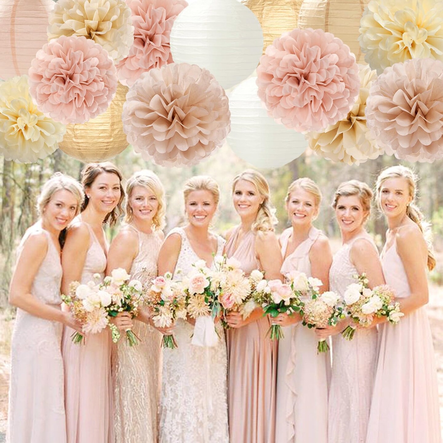 Champagne-Gold White Party-Decorations Paper-Flowers Lanterns - 15PCS Boho Fall Rustic Tissue Pom Poms Streamers,Wedding Baby Bridal Shower Neutral Autumn Birthday Hanging Supplies Decor Hugfond