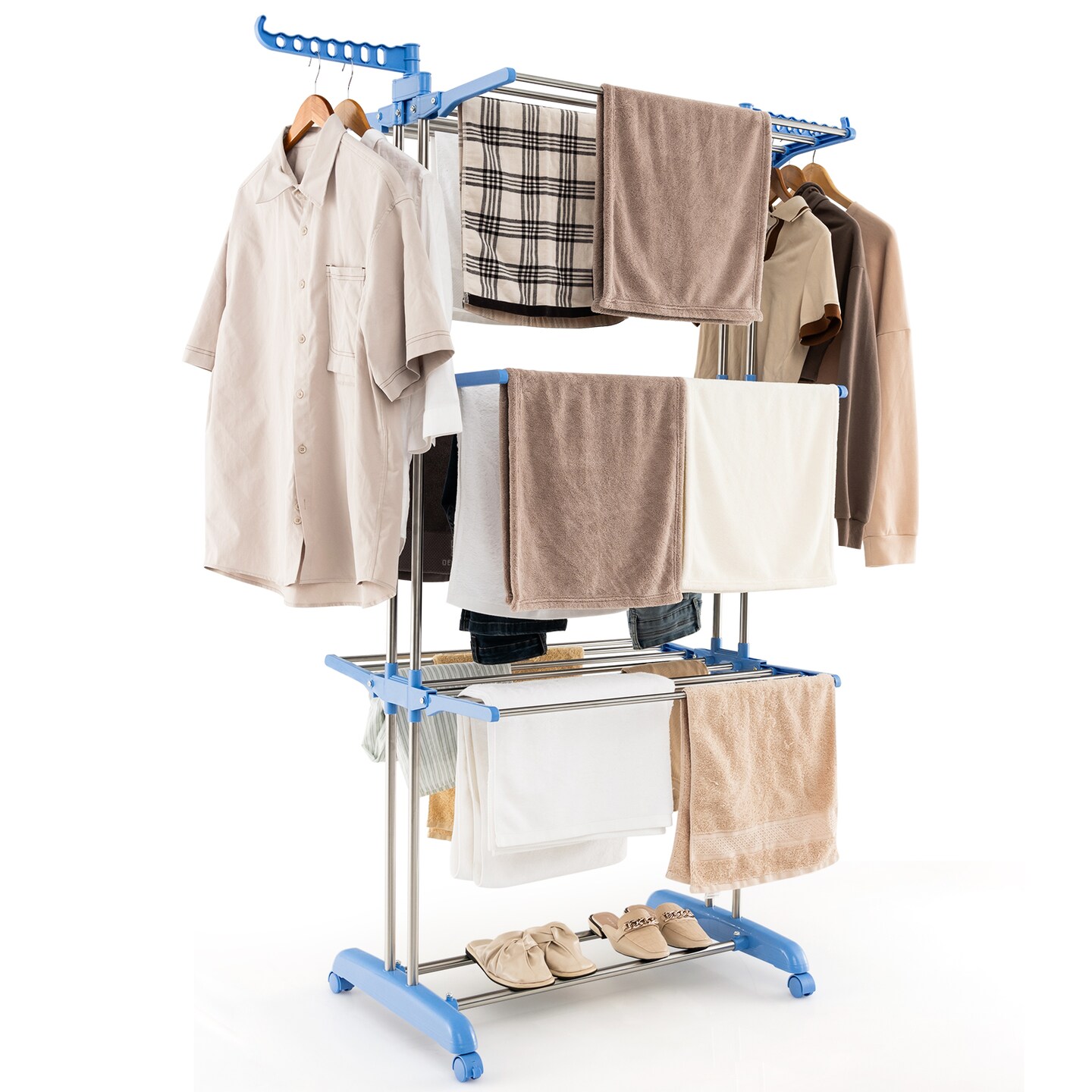 Blue 4-Tier Freestanding Folding Clothes Drying Rack with Rotatable Side Wings and 8 Hanging Rods