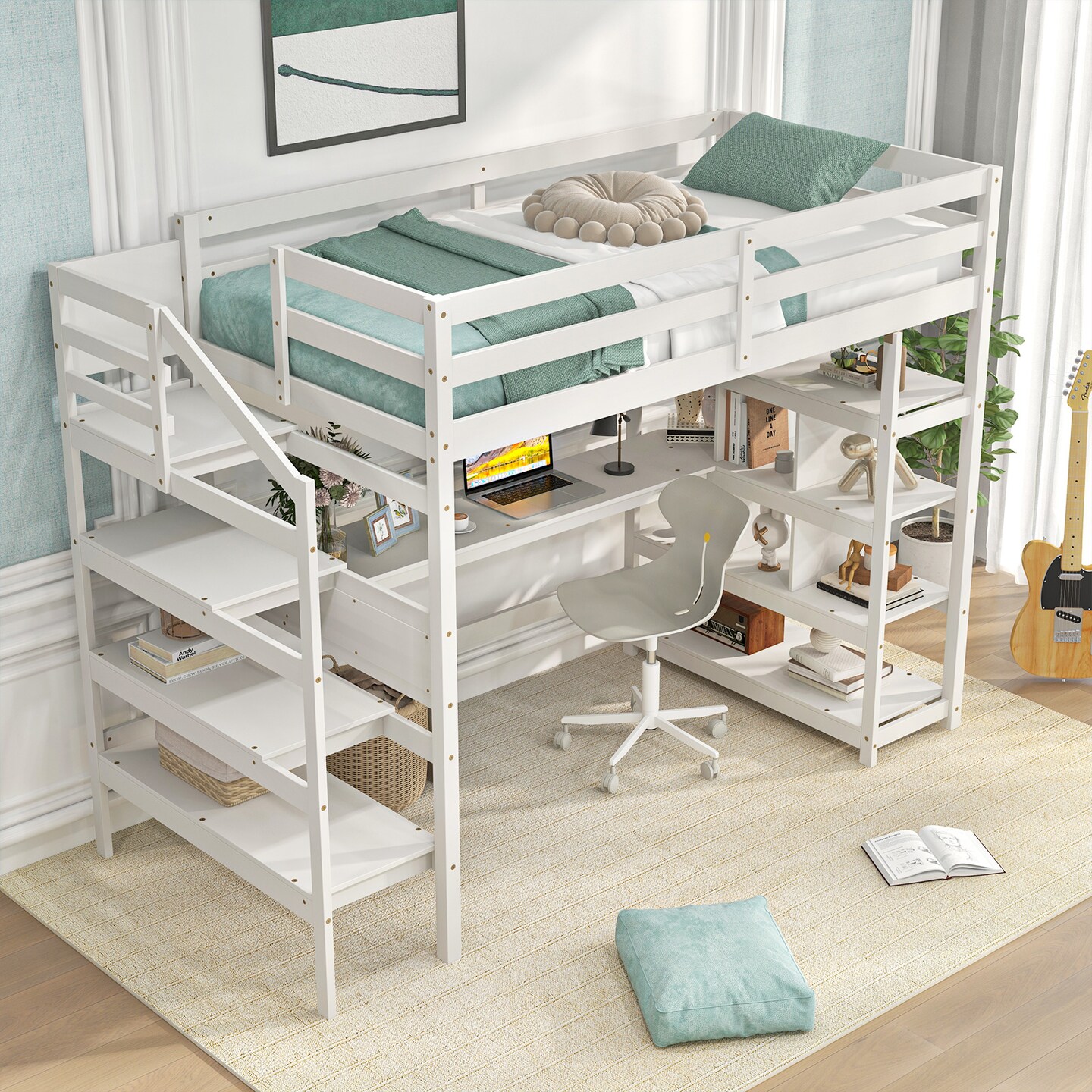 White Twin Size Loft Bed with Desk, Storage Stairs, Shelves and Safety Guardrails