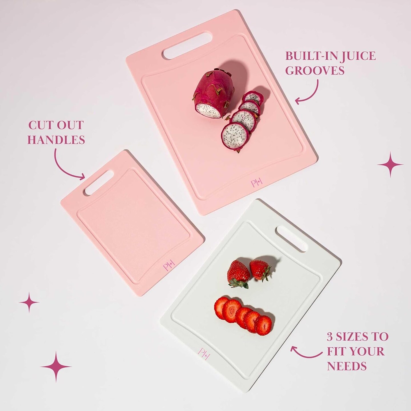 Cutting Boards, Dual-Sided Cutting Board Set with Built-in Juice Grooves, Easy-Grip Handles, Heavy-Duty Plastic Made without BPA, Dishwasher Safe, 3-Piece Set, Pink and Cream