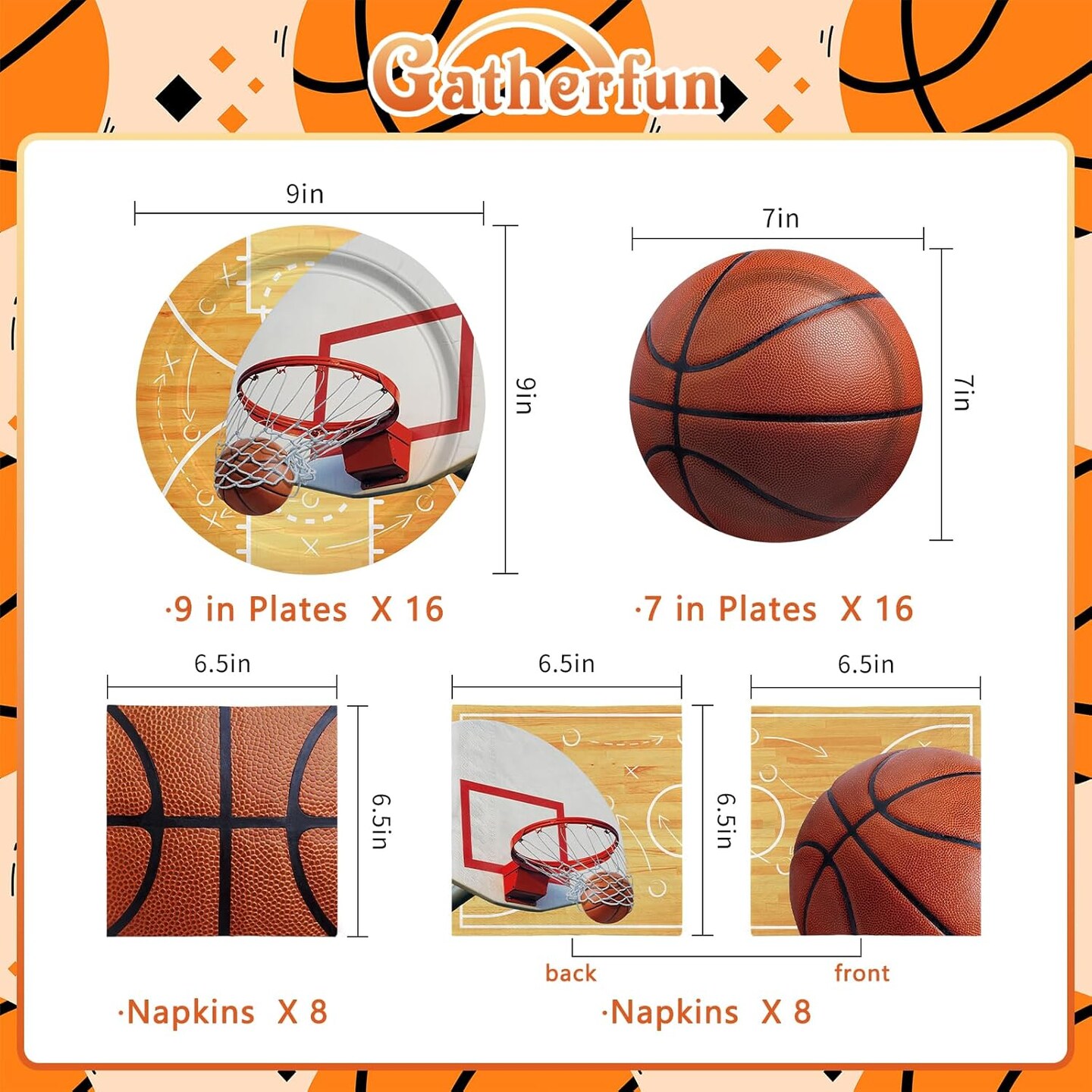 Basketball Party Supplies Kit for 16,- Basketball Party Decorations with Dinner & Dessert Paper Plates and Napkins - for Basketball Birthday & Sports Party Decorations