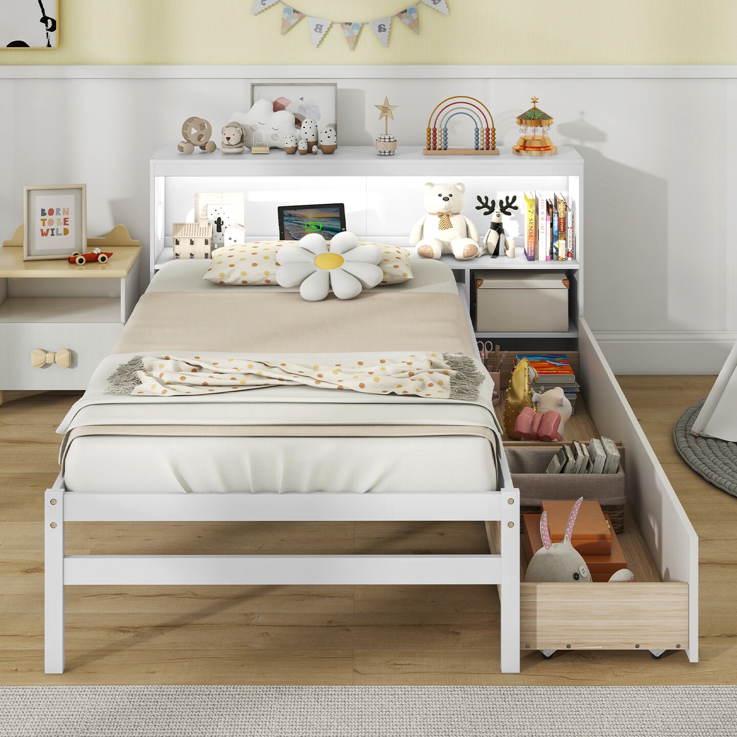 Solid Wood Bed with Storage Headboard, LED Light, USB Ports and Drawers