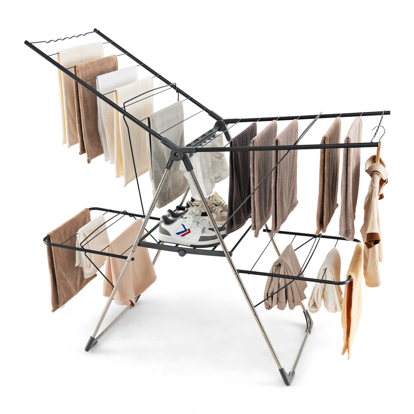 2-Tier 33 Drying Rails Clothes Drying Rack with Height Adjustable Gullwings and Metal Tubes Frame