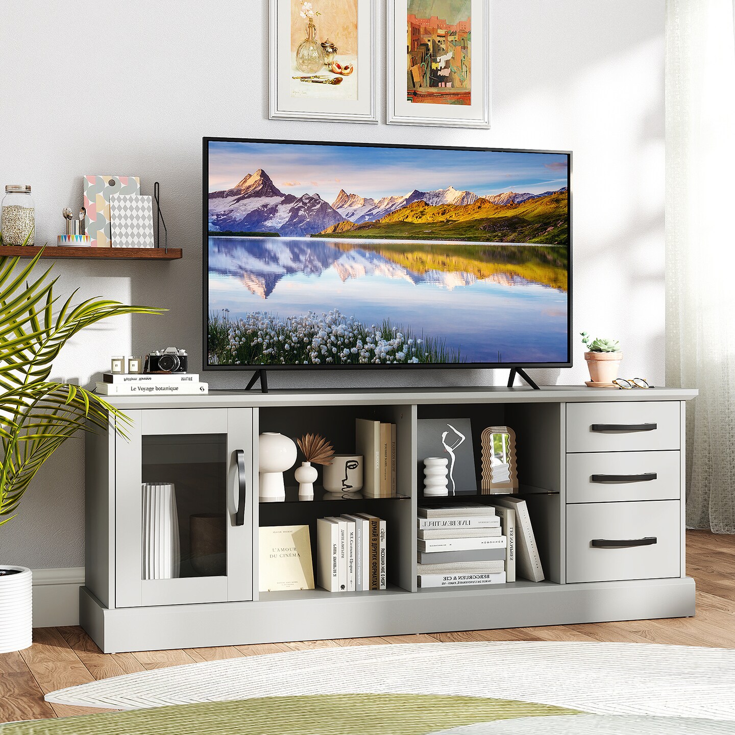 63 Inches Entertainment Center with 3 Storage Drawers and Removable Glass Shelves