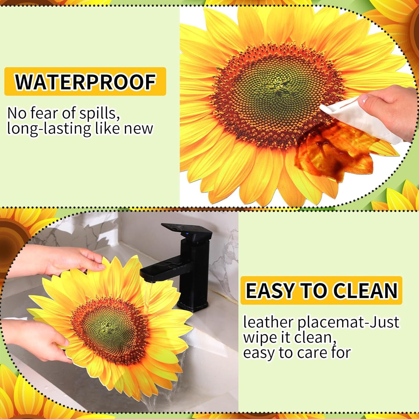 Leather Summer Sunflower Placemats Set of 6 Sunflower Shape Table Mat Washable Summer Floral Place Mats for Spring Tables Home Kitchen Dining Indoor Outdoor Party Gift Harvest Decoration