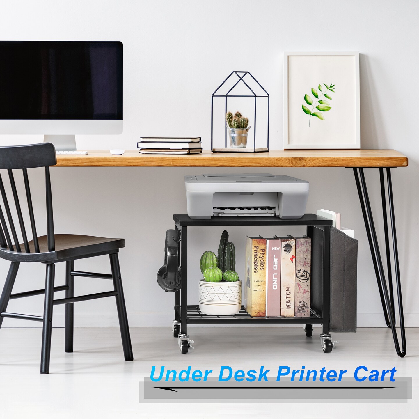 2-Tier Heavy-Duty Printer Stand with Storage Bag & Wheels – Under Desk/Desktop Organizer for Fax, Scanner, Books (100LB Capacity, Steel & Wood)