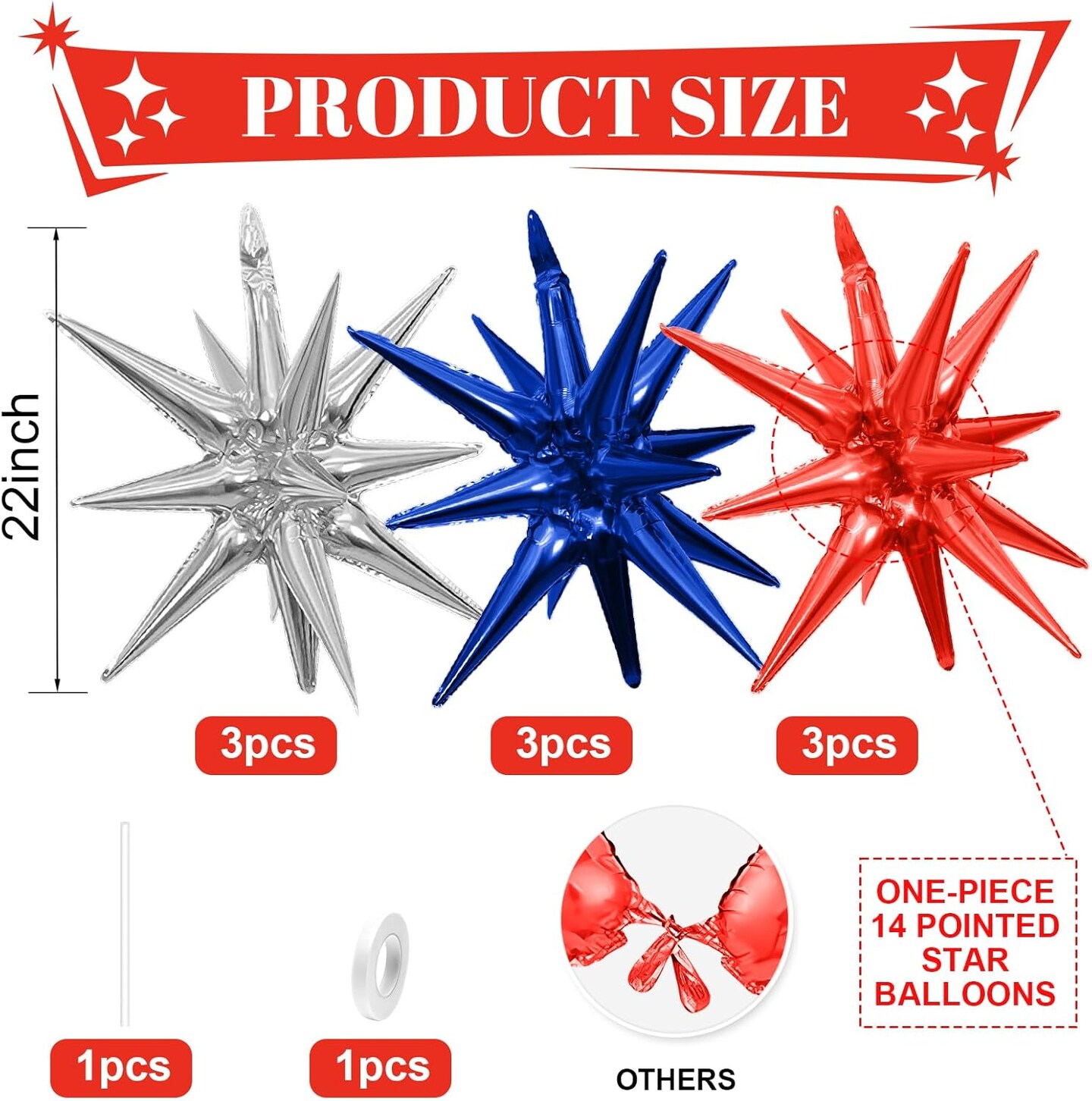 Red Blue Silver Star Balloons,9Pcs Red Blue White Explosion Star Foil Balloons,22Inch Spike Cone Star Helium Mylar Balloons for Birthday Anniversary Baby Shower 4th of July Disco Party Decorations