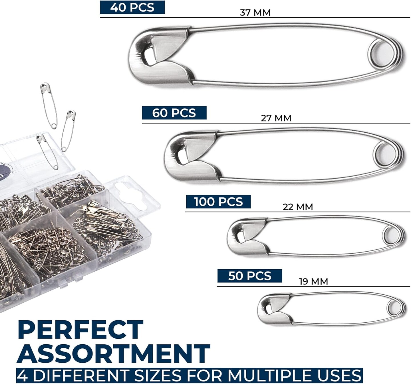 250PCS Safety Pins – 4 Assorted Sizes, Rust-Resistant Nickel Plated Steel for Sewing & Crafts