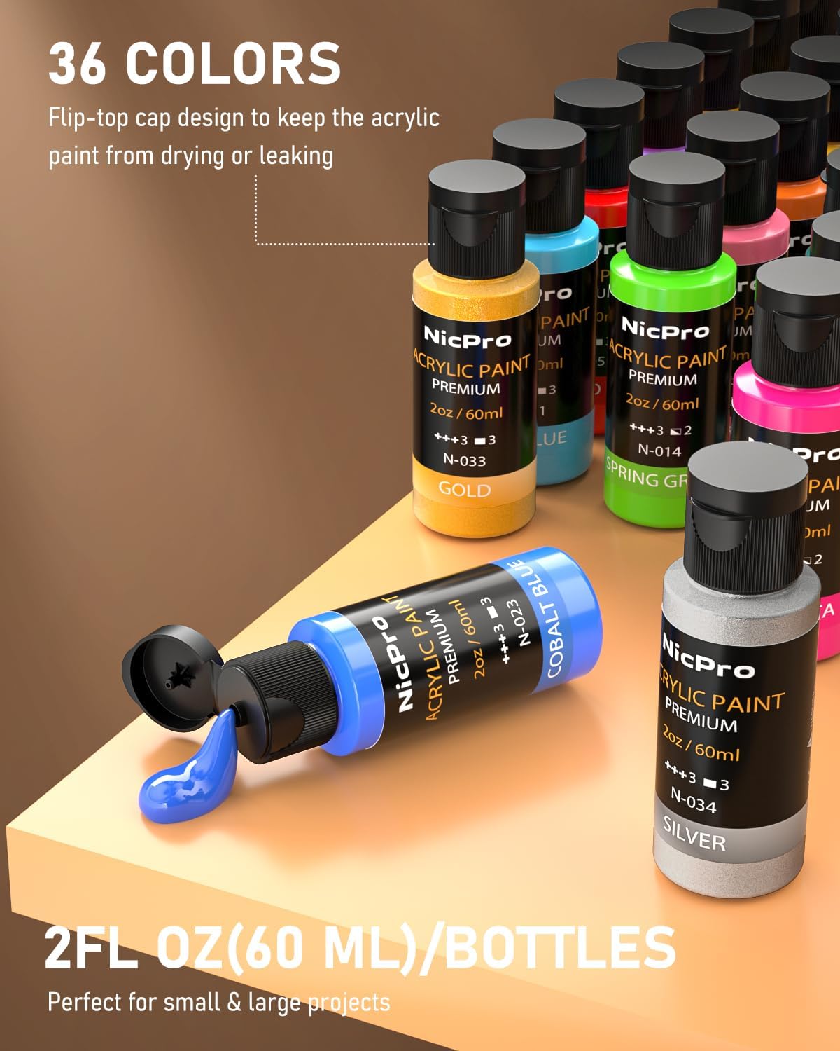 36 Colors Acrylic Paint Set (2 oz, 60 ml) with 12 Brushes, Non Toxic Art Supplies Kit for Rock Painting, Multi Surface Canvas Clay Wood Fabric Craft Ceramic, for Kid & Adult Beginner