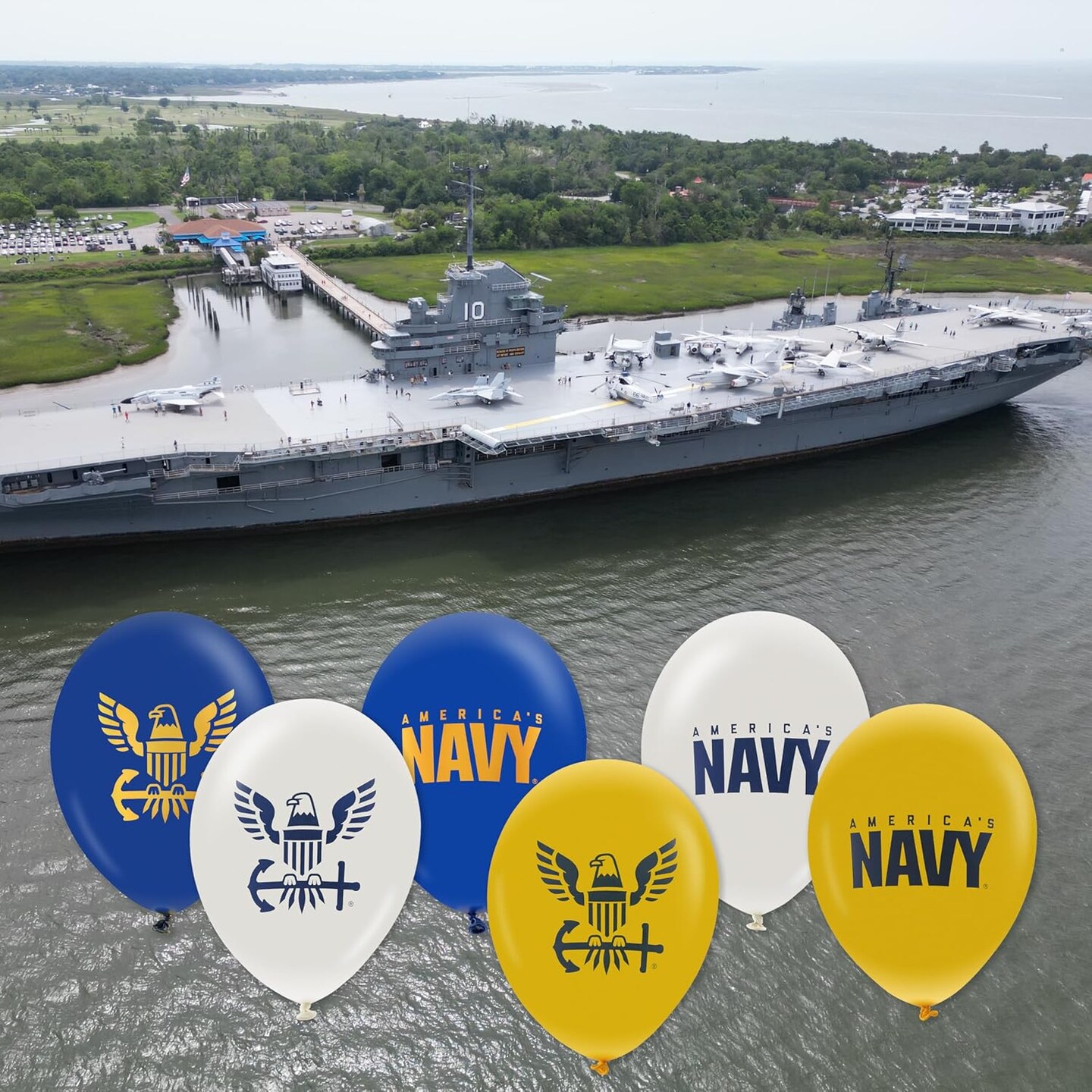 U.S. Navy Party Balloons (10 pcs)! 12” Latex balloons in Blue, White & Yellow with Striking Print on 2 sides
