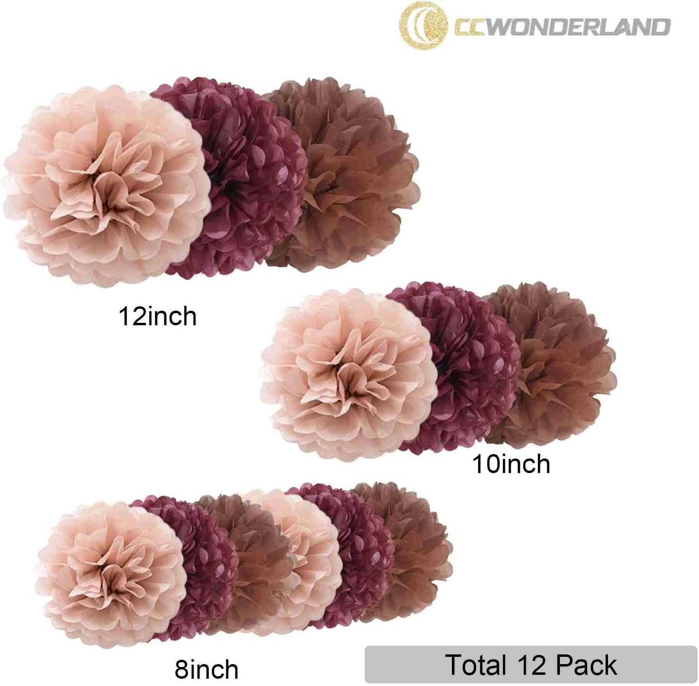 Burgundy Brown Tissue Paper Pom Poms-12PC Tissue Paper Flowers-Wall Hanging Decorations for Bachelorette, Neutral,Bridal,Boho Birthday Decorations 8,10,12in