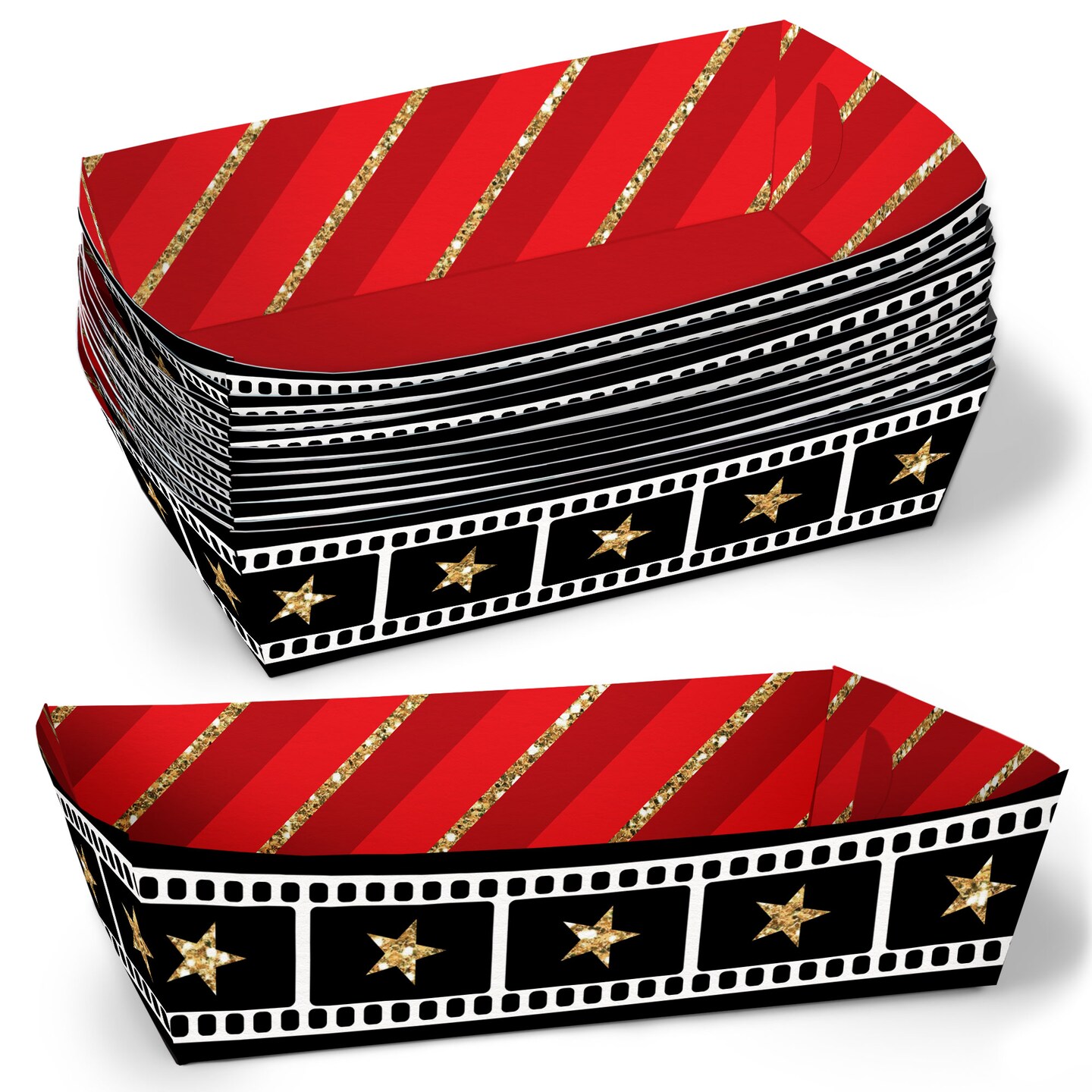 Big Dot of Happiness Red Carpet Hollywood Paper Food Trays, Disposable Double-Sided Paper Food Holders for Nachos, Hot Dogs, French Fries - 12 Ct