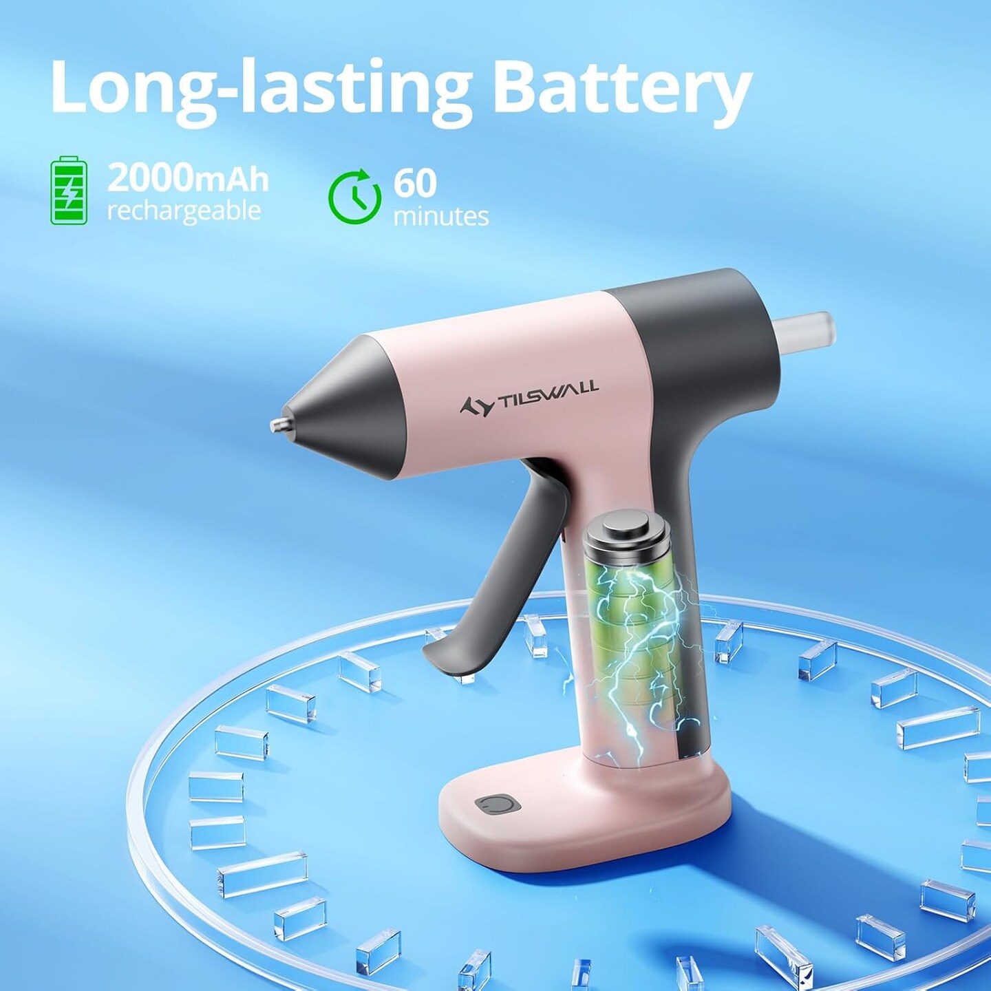 Cordless Hot Glue Gun, 30s Fast Preheating with 2Ah Built-in Battery, Hot Melt Glue Gun with 20pcs Premius Glue Sticks, Smart Power-Off, USB-C Inputs Suitable for DIY Craft, Home Repaire Pink