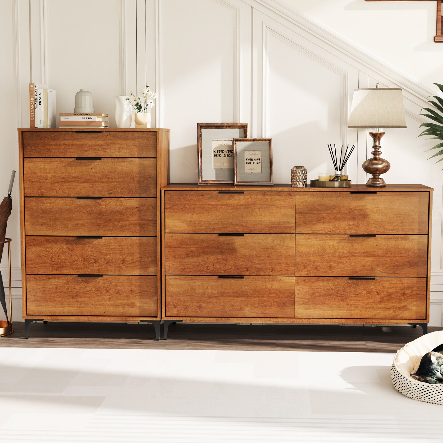 Cherry MDF 5 Drawer Dresser with Metal Legs and Anti Tipping Kit