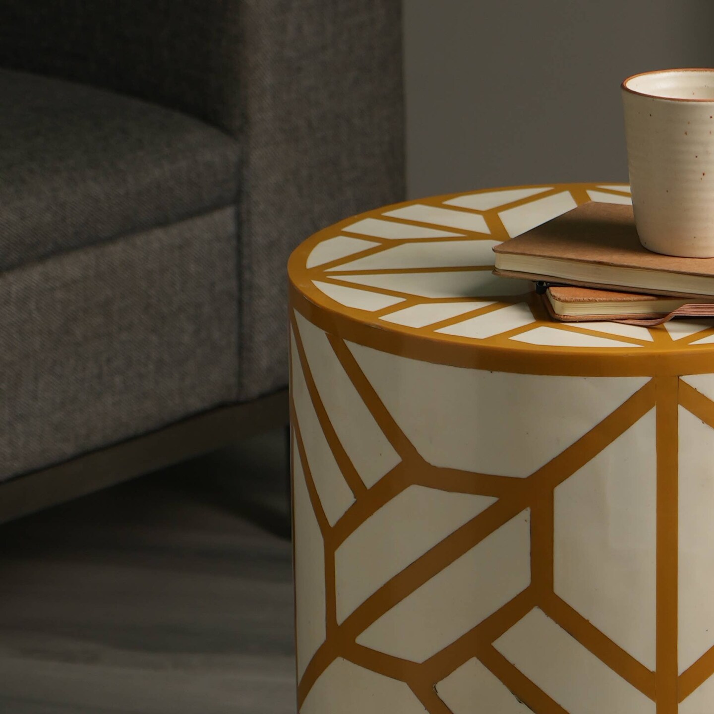 Mustard &#x26; White MDF Resin Side Table with Semi-Gloss Finish -15&#x22; x 15&#x22; x 21&#x22;