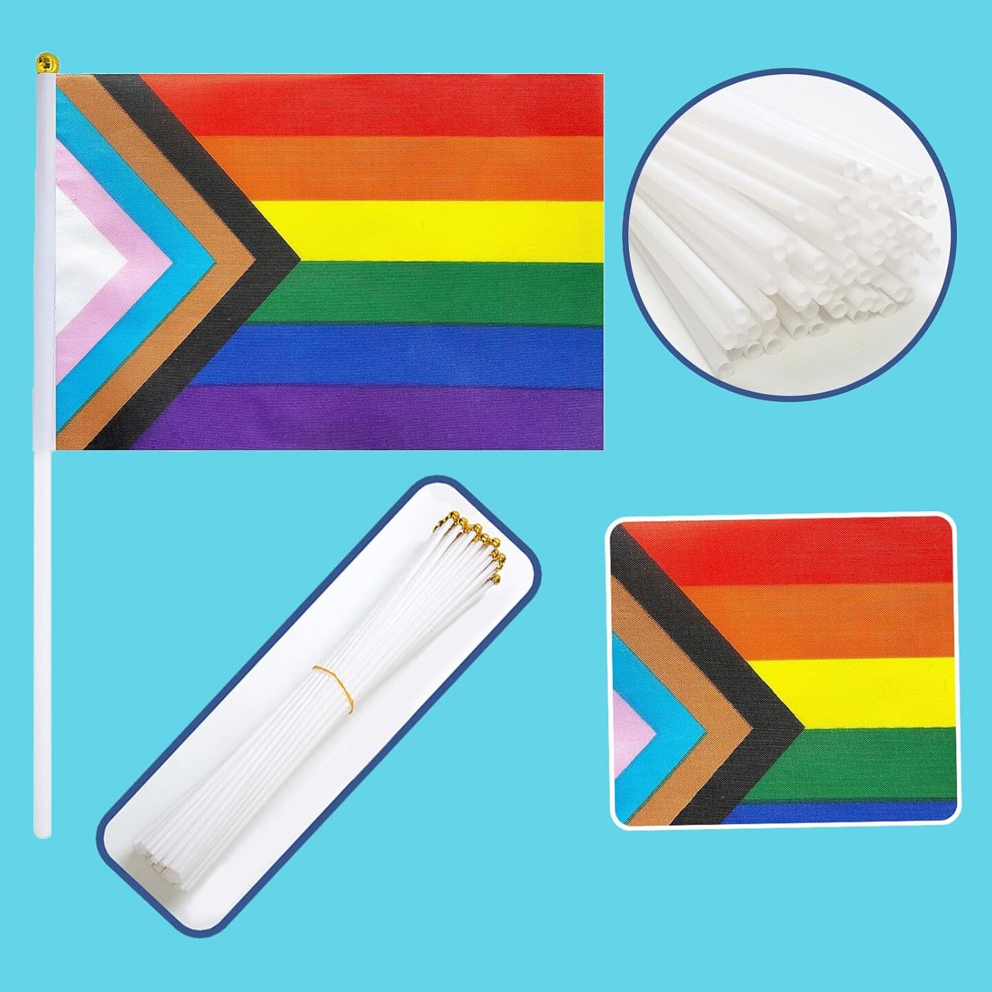 Progress Rainbow Pride Flags, 50 Pack Small Mini Hand Held Stick Flags, Ideal for LGBT Parades, Pride Month, Office & Home Decor, Multicolor, 11.8 inches x 8.2 inches