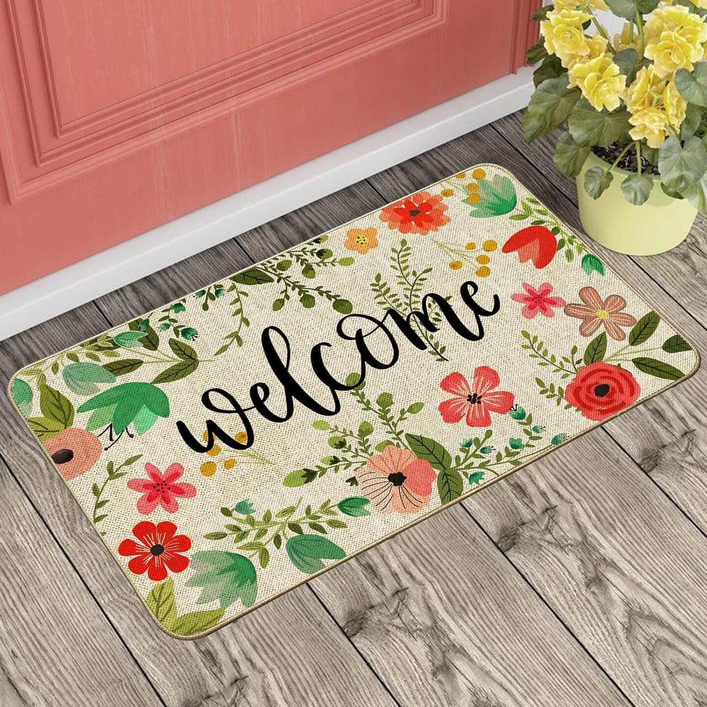 Spring Summer Floral Doormat Rug Boho Flower Leaf Welcome Outdoor Outside Doormat Mat Non Slip Rubber Backing Entrance Seasonal Indoor Front Kitchen Decoration 17 x 29 Inch