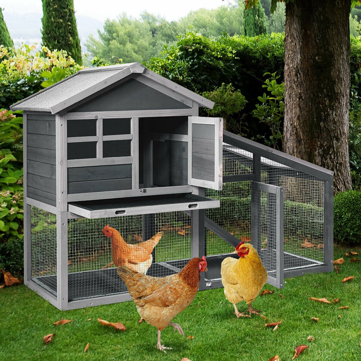 56.5 Inch Grey Wooden Rabbit House with Pull out Tray and Ramp Ideal for Small Animals