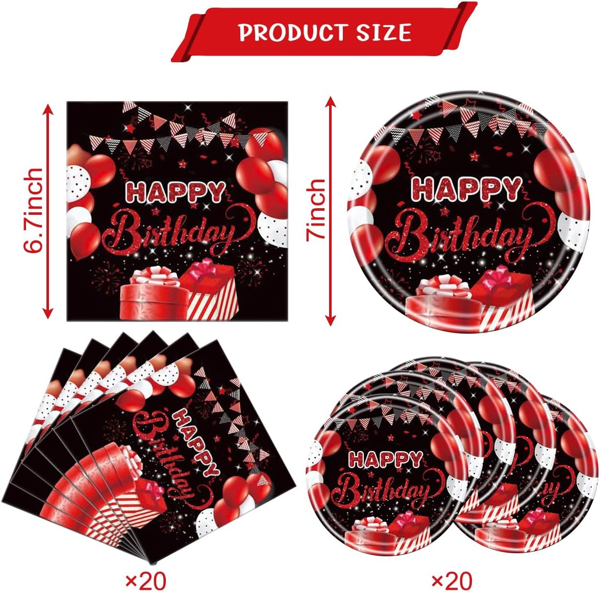 Red and Black Birthday Party Tableware Supplies Set, Red Birthday Party Confetti Sprinkles Happy Birthday Party Decorations 40PCS