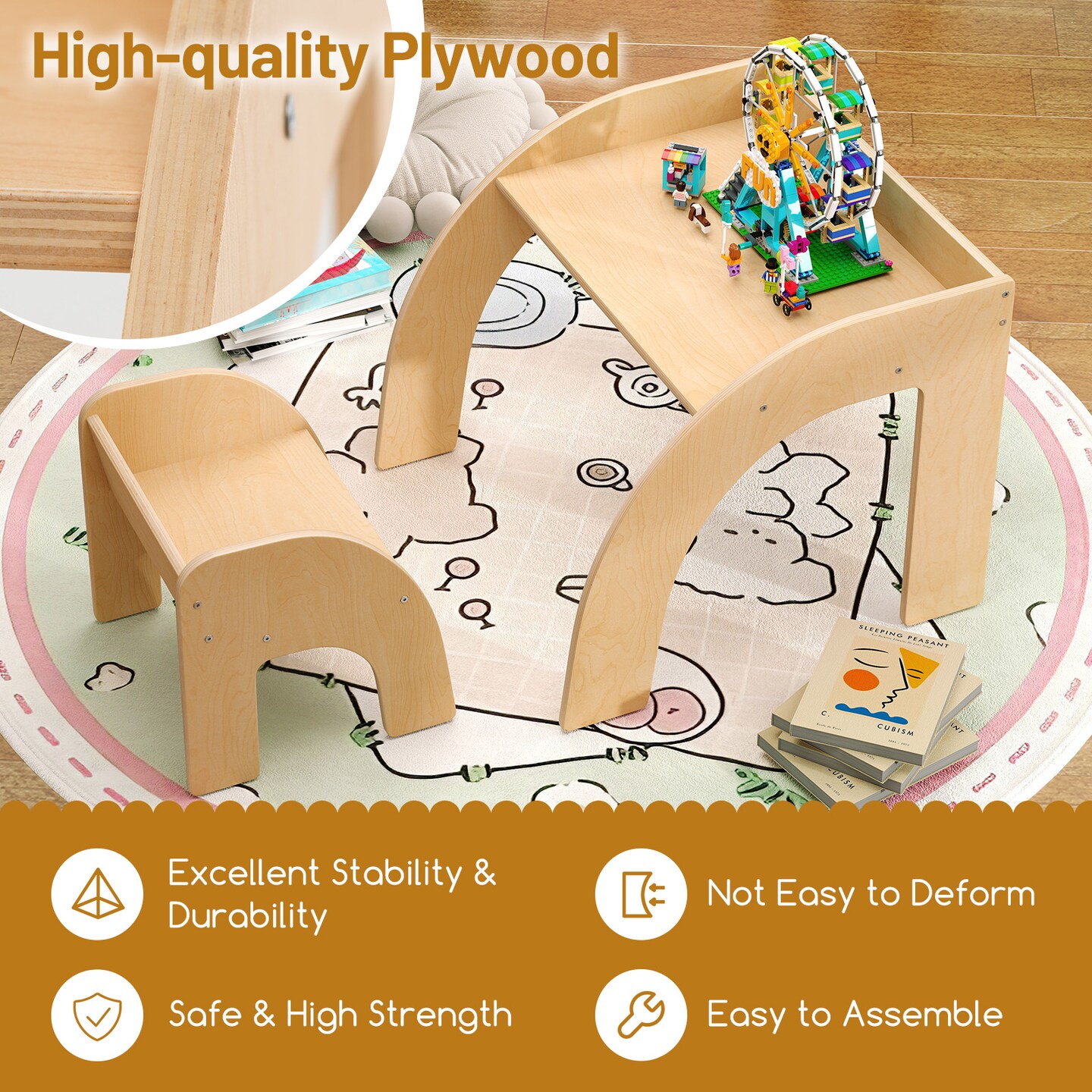 Plywood Kids Table and Chair Set with Spacious Safe Design and Ergonomic Seat