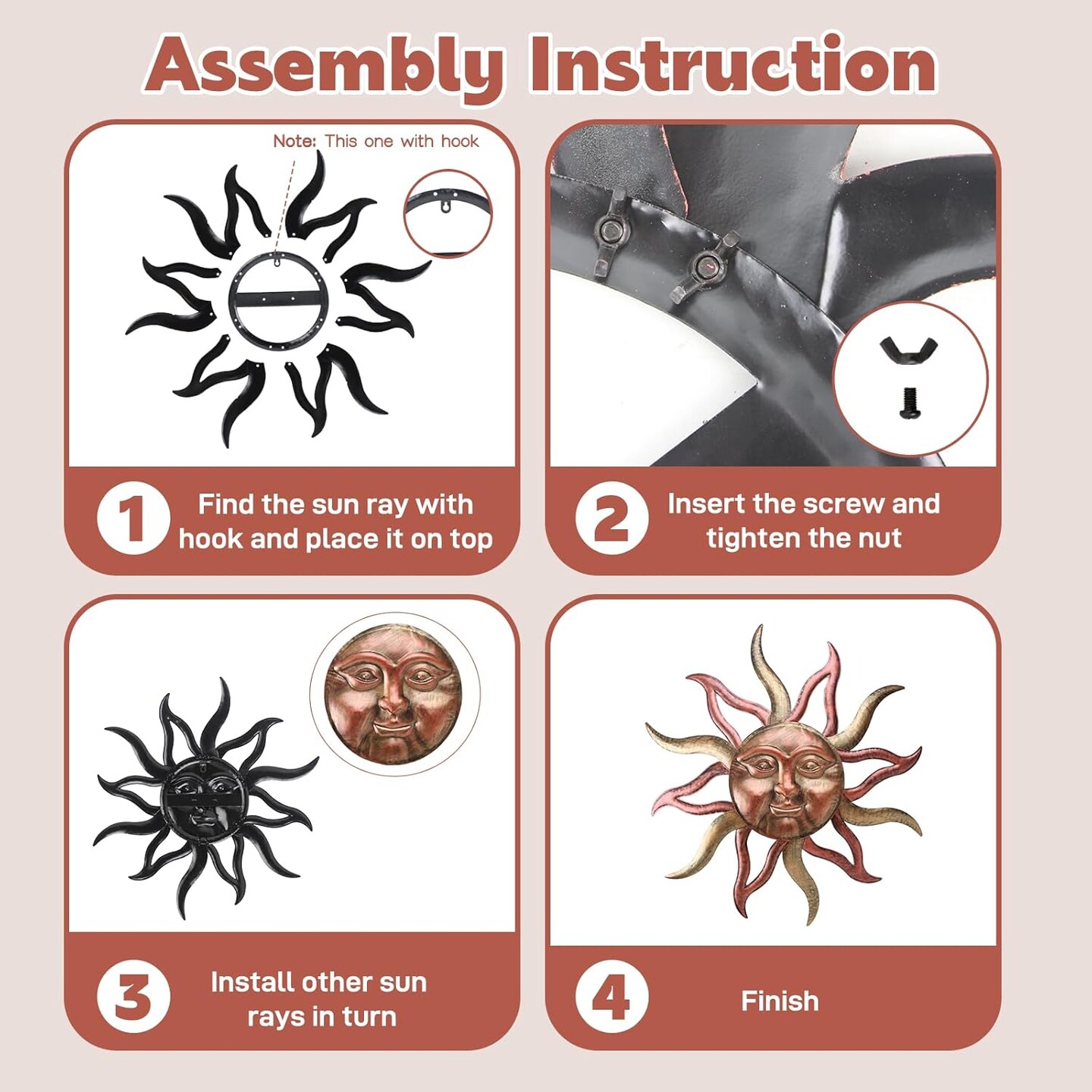 Outdoor Summer Wall Decor Rust Proof, Sun Face Metal Wall Art Decor Hanging for Indoor Outdoor, Patio, Fence, Garden(26 Inch)